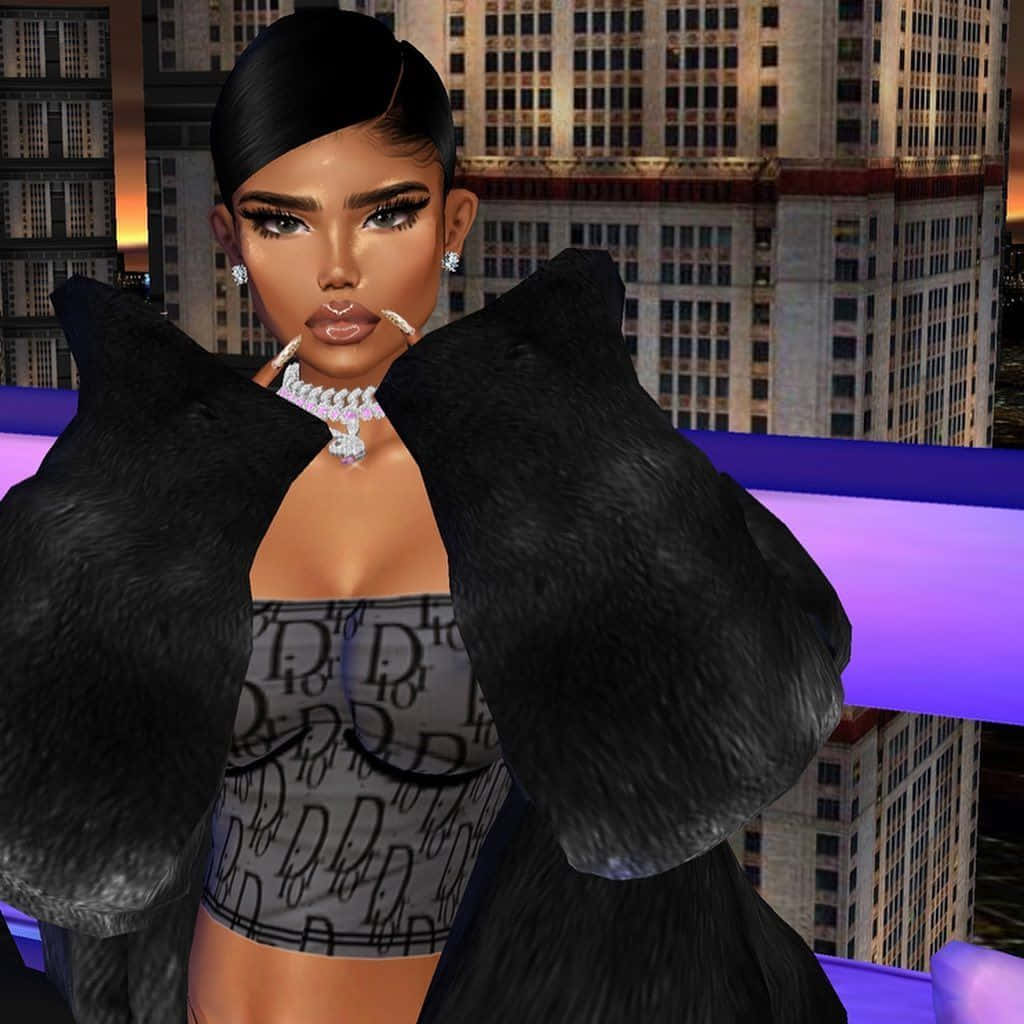 imvu 桌布 壁紙 — 一個數位化身，帶有鮮豔化妝和鑽石珠寶，穿著黑色毛皮大衣，背景是黃昏時閃爍的城市天際線。