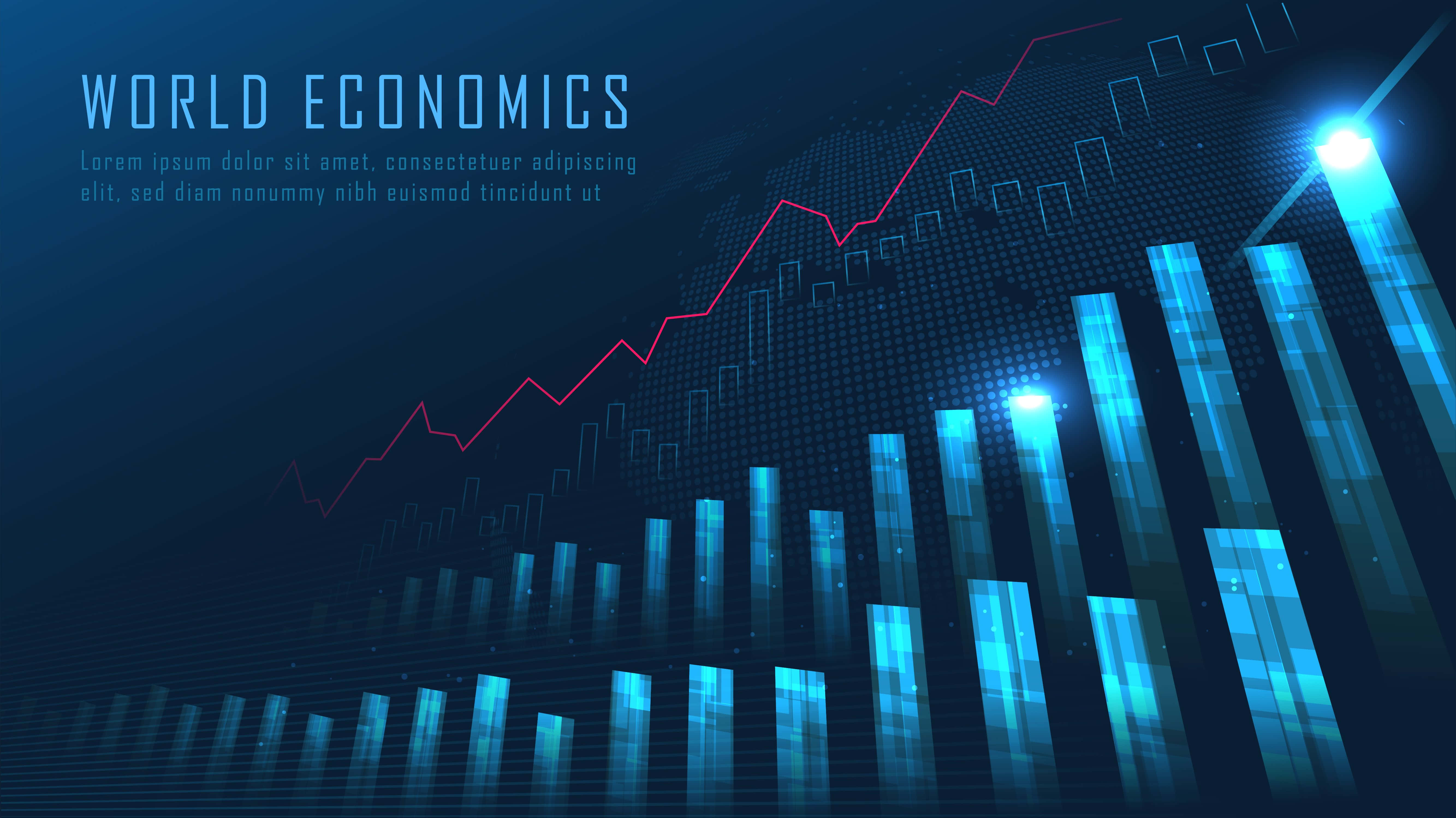 Forex 桌布 壁紙 — 一個數位圖形，在深藍色世界地圖背景上顯示上升的紅色線圖和發光的藍色條形圖。