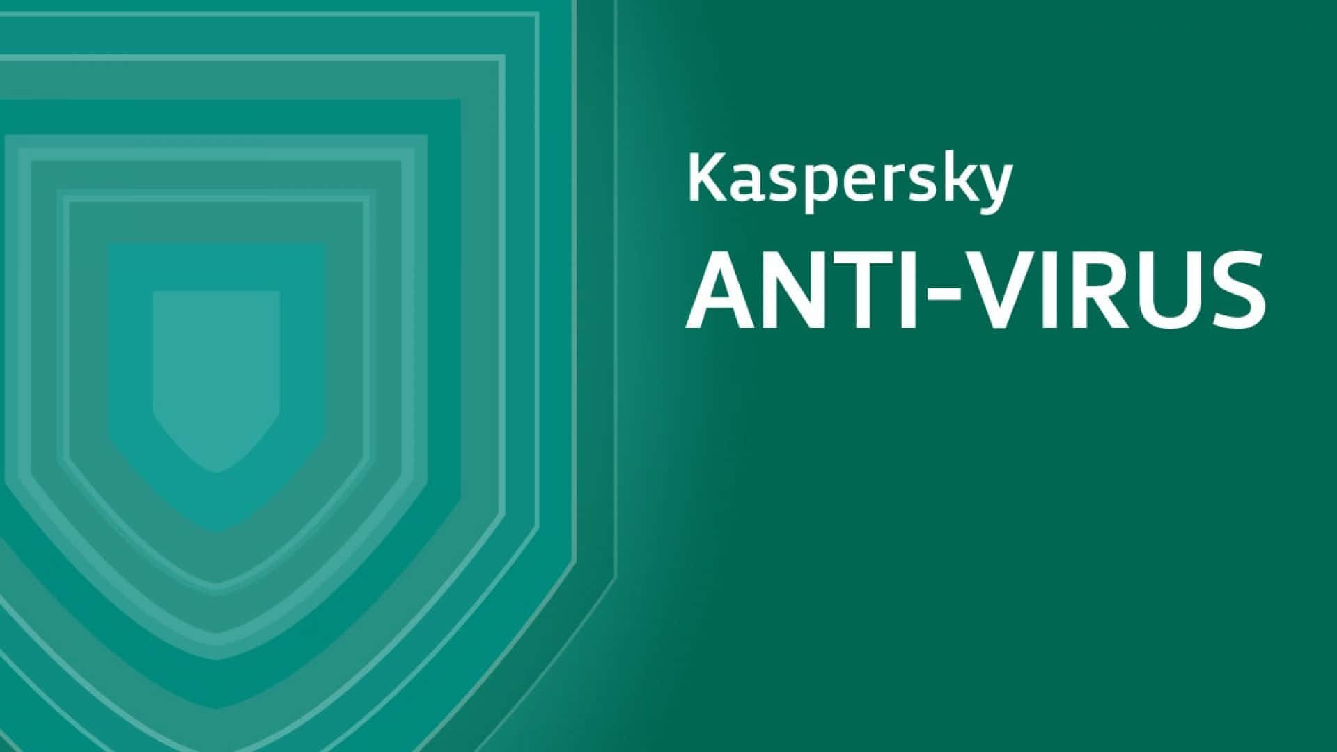 Software 桌布 壁紙 — 一個數位圖形，帶有分層的青綠色盾牌和白色文字 Kaspersky ANTI-VIRUS，背景為純綠色。