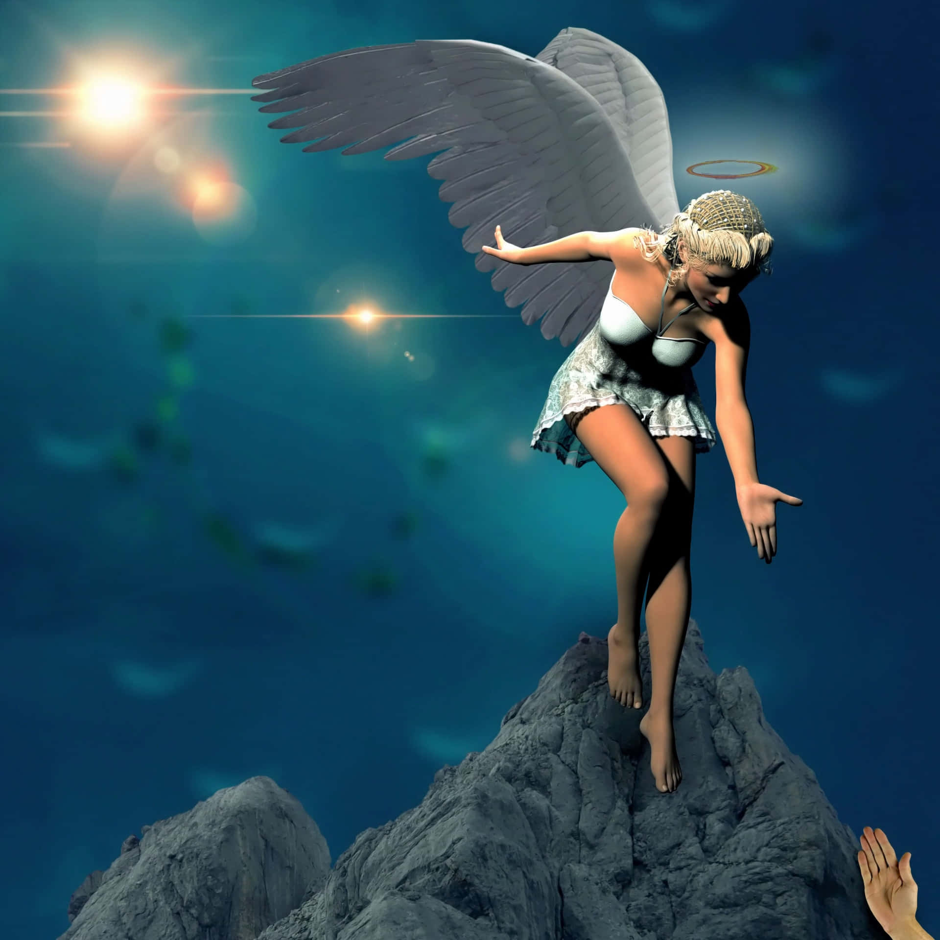 angels 桌布 壁紙 — 一個數位天使，擁有灰色翅膀和光環，棲息在岩石山峰上，在繁星點點的藍天中向下伸向一隻人類的手。