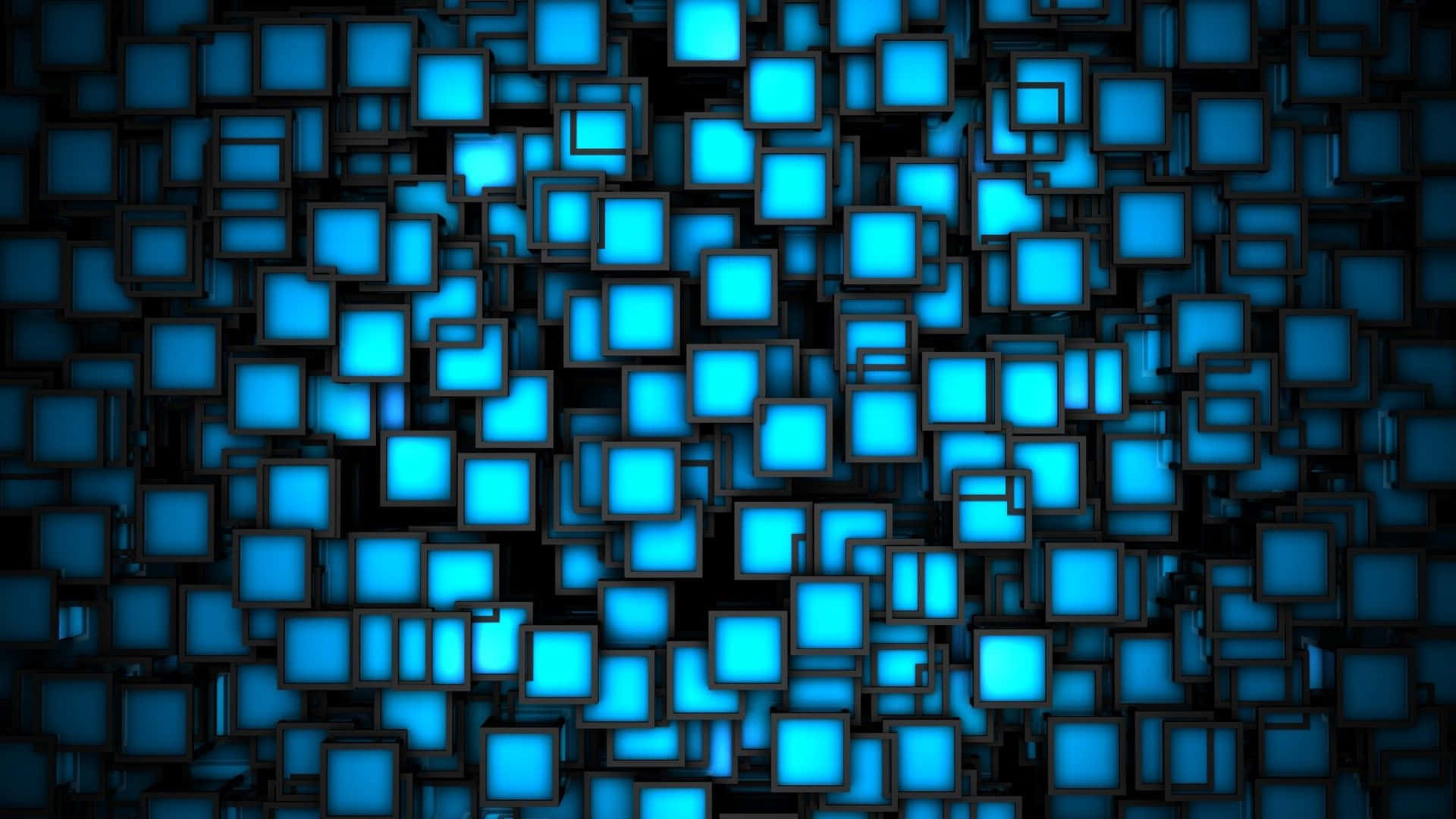 cube 桌布 壁紙 — 一個數位抽象圖案，由發光的藍色方塊以3D方式層疊在深色背景上組成。