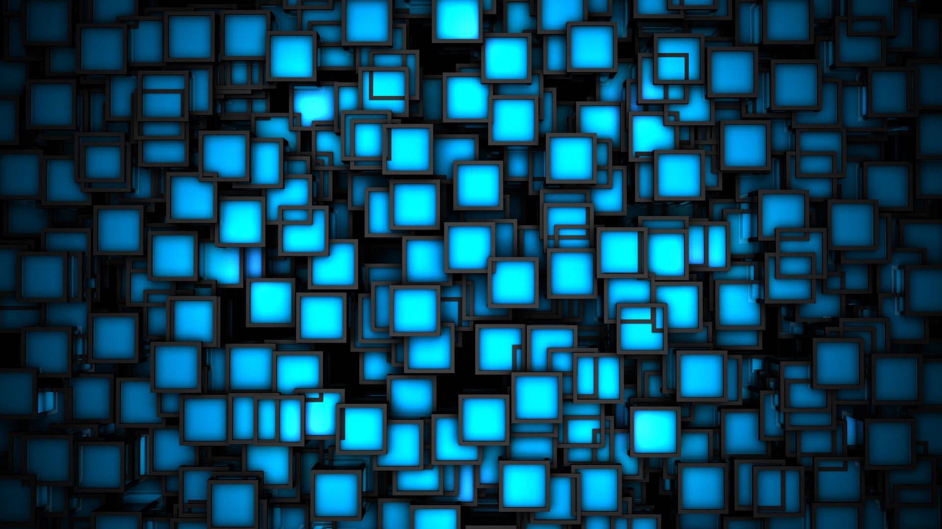 3D 桌布 壁紙 — 一個數位抽象圖案，由發光的藍色正方形和黑色輪廓組成，營造出未來科技牆壁紋理。