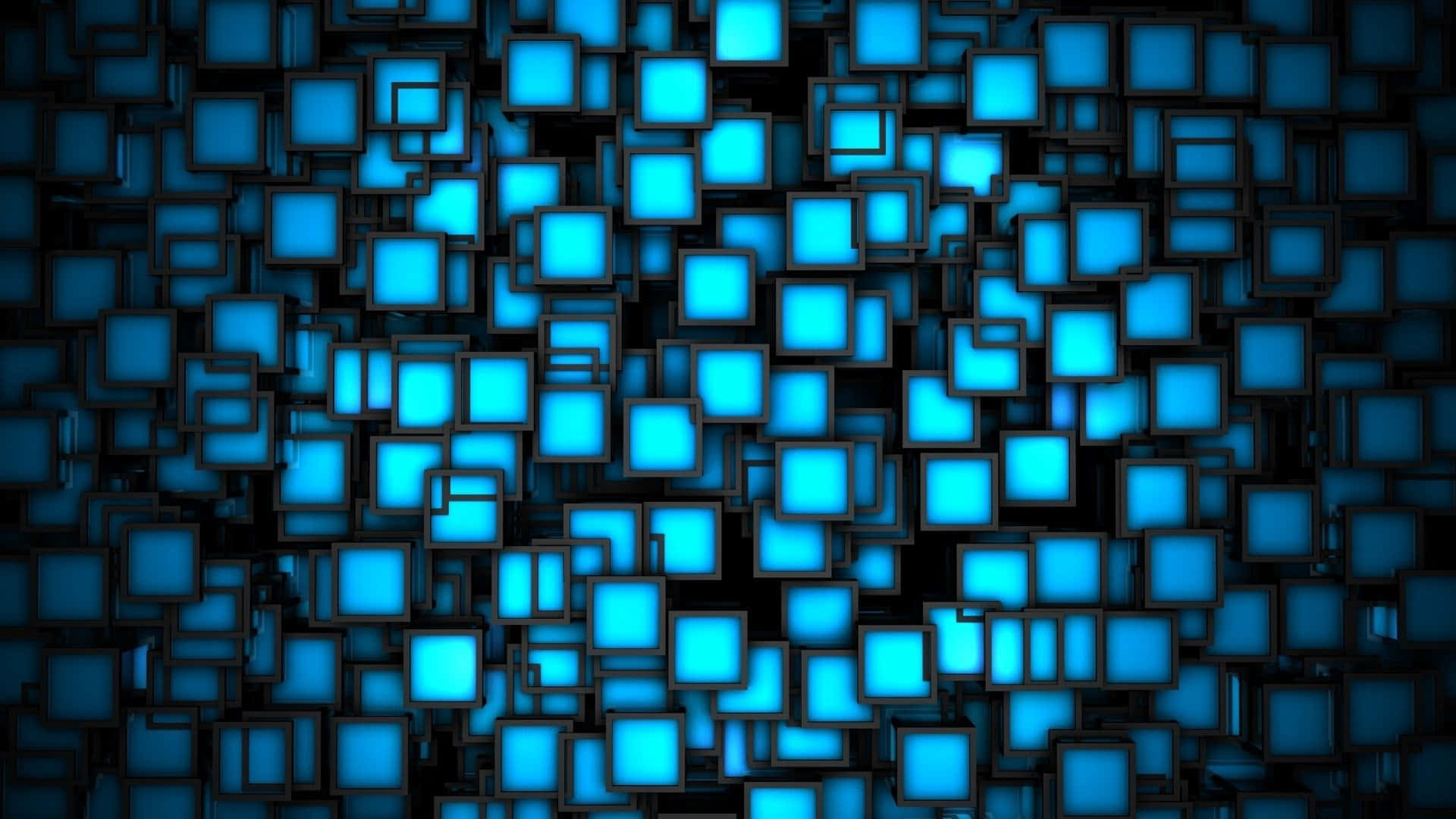 Square 桌布 壁紙 — 一個數位抽象圖案，發光藍色正方形漂浮在黑暗空間中，帶有深度和陰影。