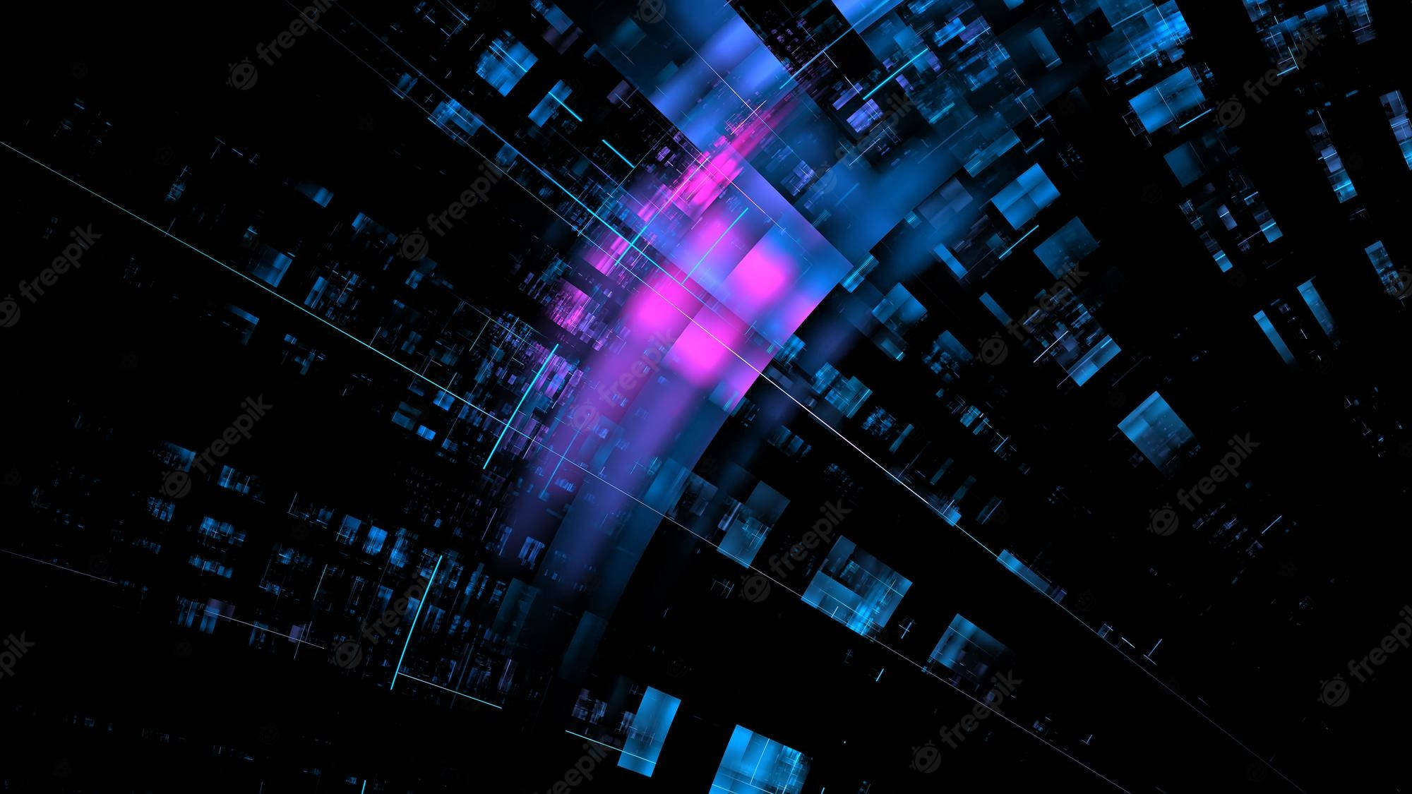 Code 桌布 壁紙 — 一個數位抽象構圖，發光的藍色和洋紅色幾何碎片從中心爆發向黑色虛空輻射。