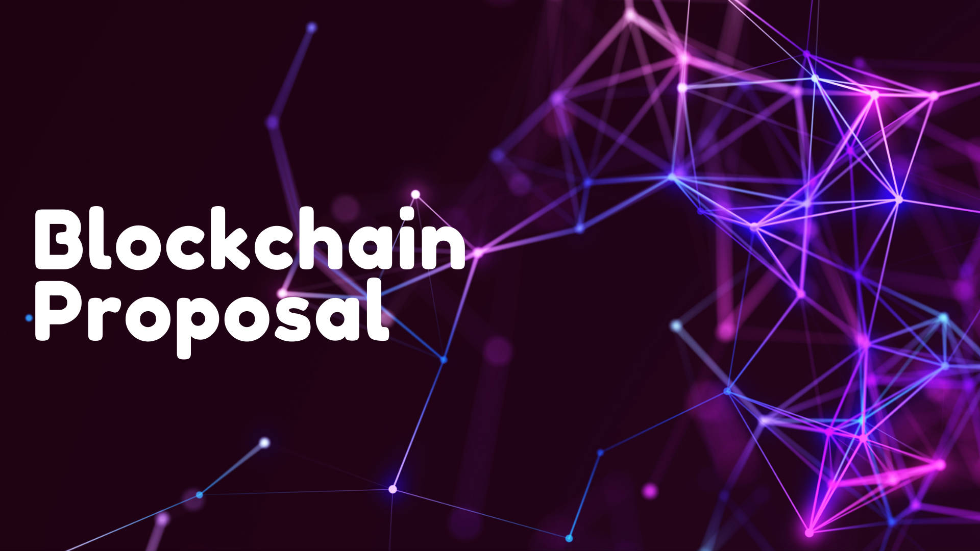 Blockchain 桌布 壁紙 — 一個數位抽象背景，帶有發光的紫色和藍色網路線條，形成幾何形狀，背後是粗體白色文字 Blockchain Proposal。