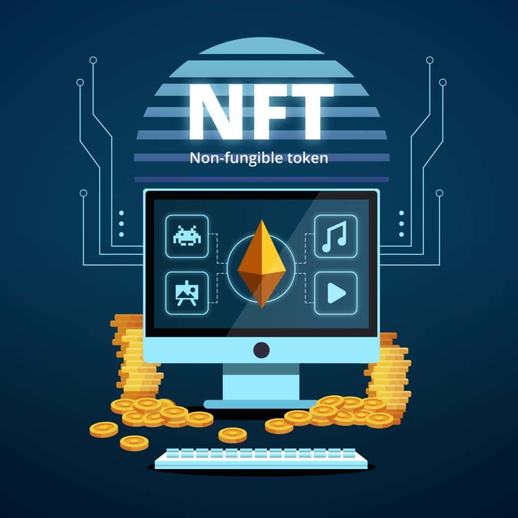 NFT 桌布 壁紙 — 一個數位插圖，顯示一台電腦在深藍色科技主題背景上展示被金幣包圍的NFT圖標。