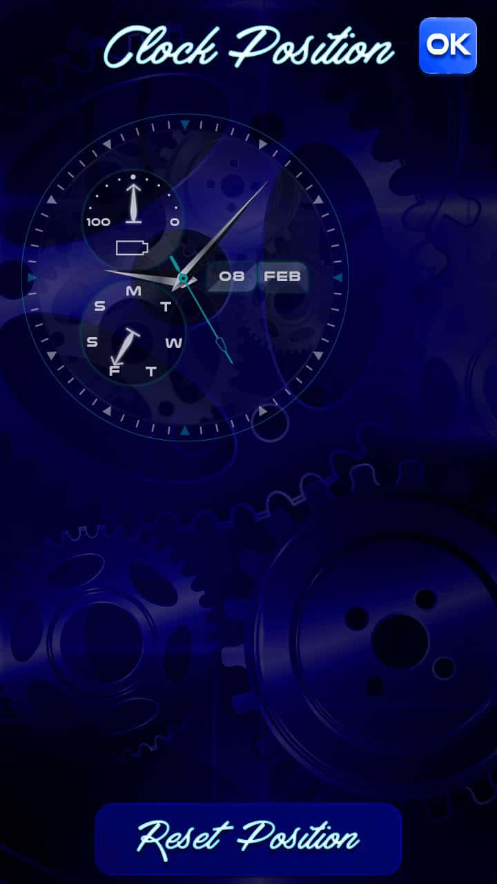 Time 桌布 壁紙 — 一個數位時鐘介面，帶有發光的藍色指針和齒輪，背景為深色機械風格。