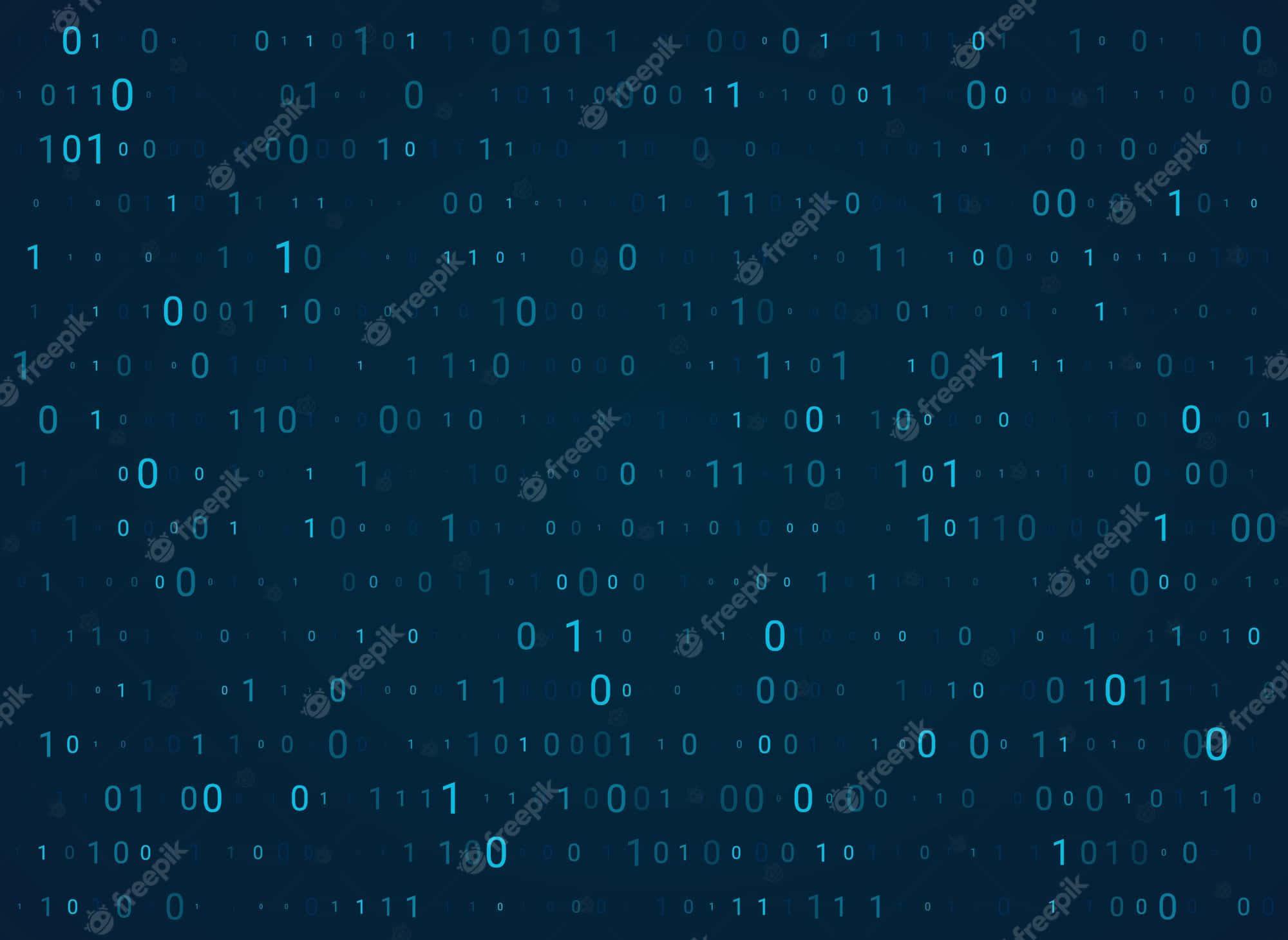 Numbers 桌布 壁紙 — 一個數位桌布，發光的二進位代碼漂浮在深藍色漸變背景上。