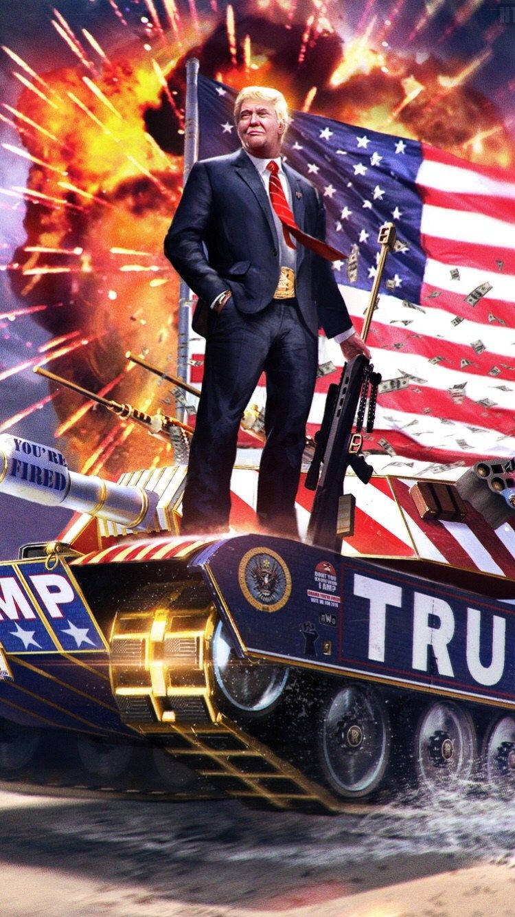 川普 桌布 壁紙 — 一個數位渲染、身穿西裝的男人站在一輛標有TRUMP的坦克上，身後有美國國旗和爆炸。