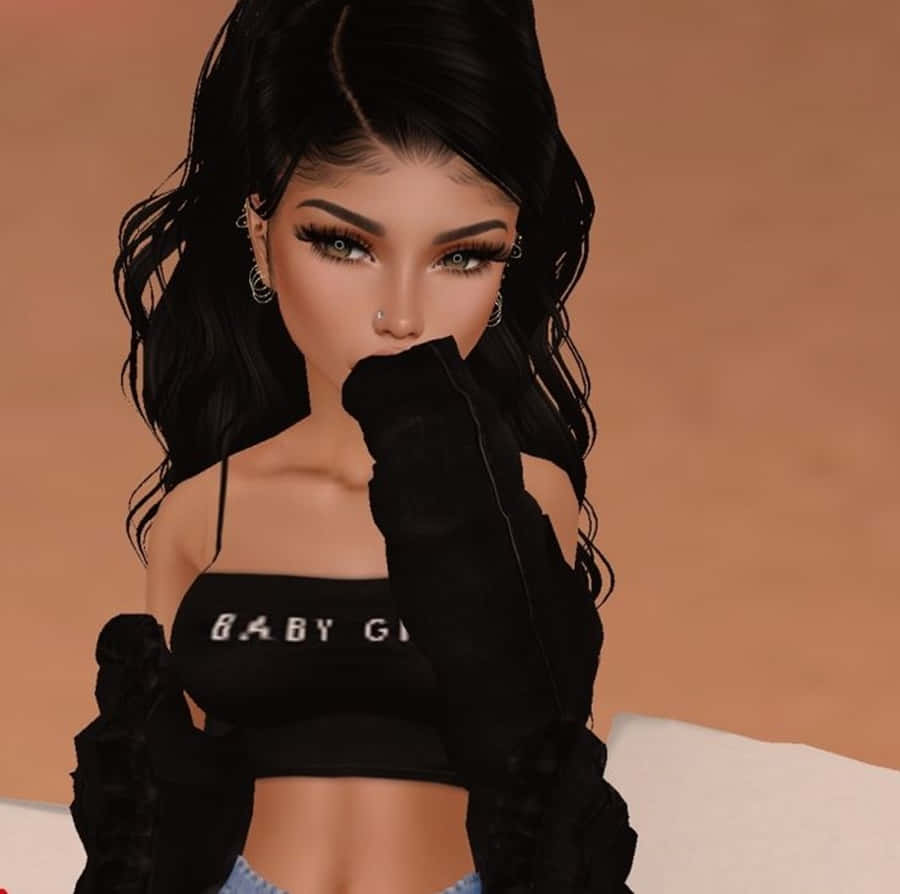 imvu 桌布 壁紙 — 一個數位渲染的女人，長長的黑髮和誇張的妝容，用戴著黑色手套的手遮住嘴巴，背景是溫暖的米色。