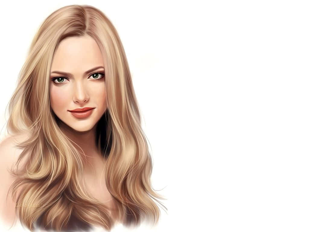 Amanda Seyfried 桌布 壁紙 — 一個數位渲染的女性肖像，長長的金色秀髮飄逸，綠色眼睛，背景為純白色。