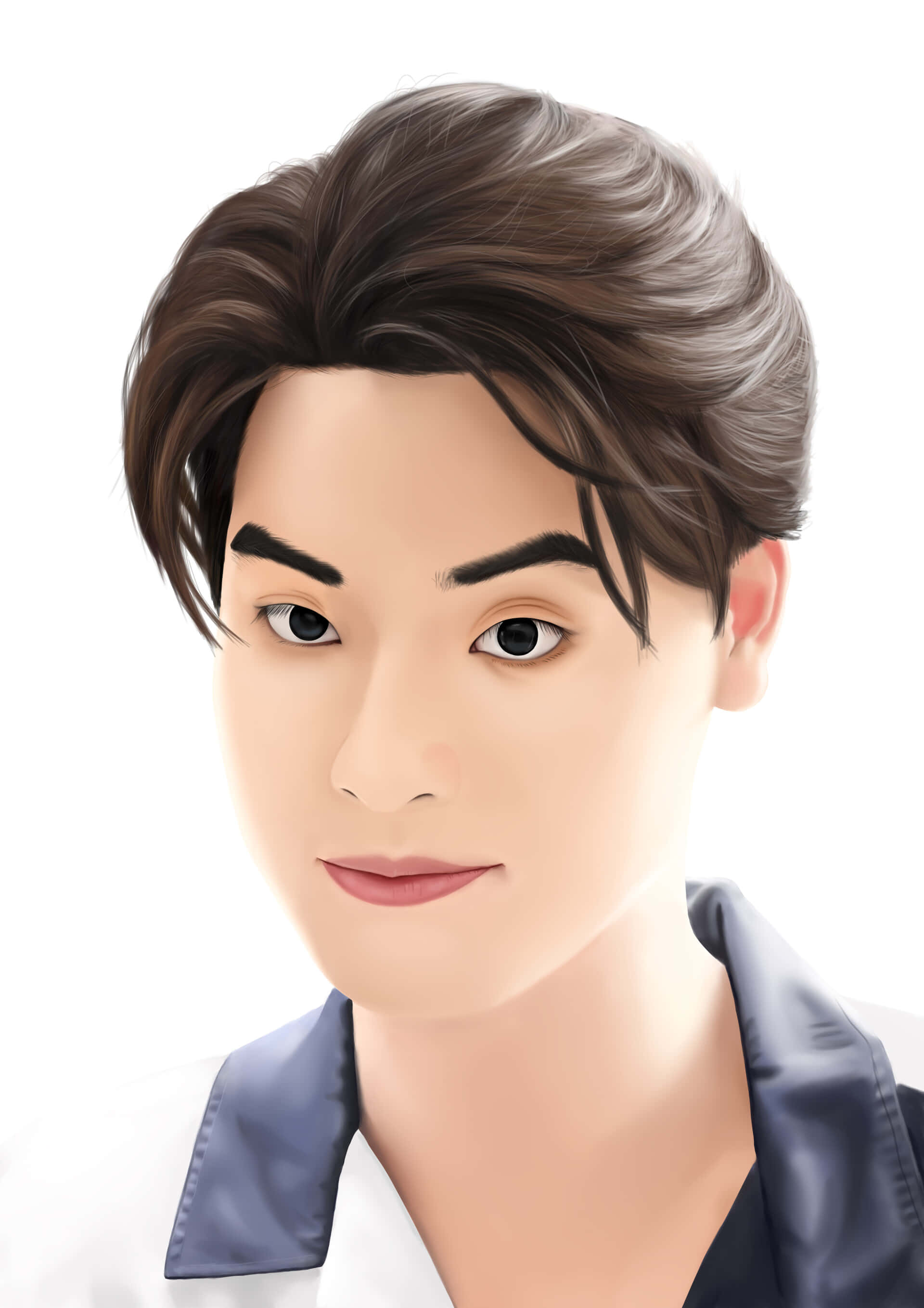 Painting 桌布 壁紙 — 一個數位渲染的年輕男子肖像，擁有造型棕色頭髮和微妙微笑，穿著白色襯衫配深色領子。