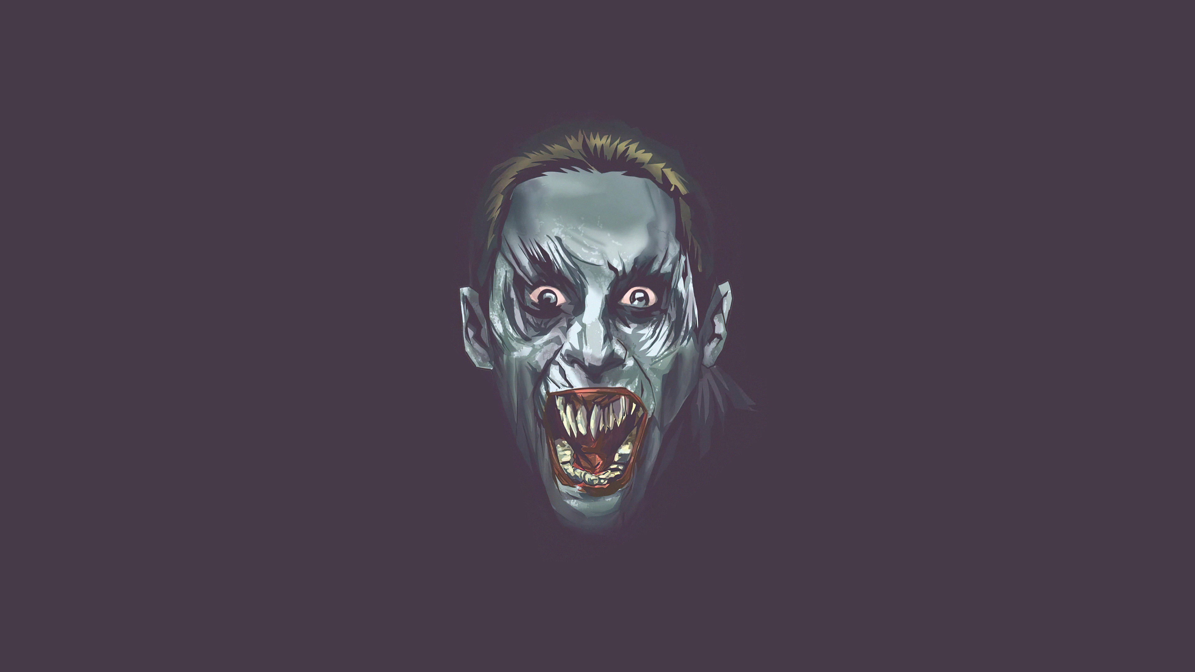 screaming 桌布 壁紙 — 一個數位渲染的殭屍面孔，蒼白的皮膚和尖銳的牙齒，在深紫色背景上尖叫。