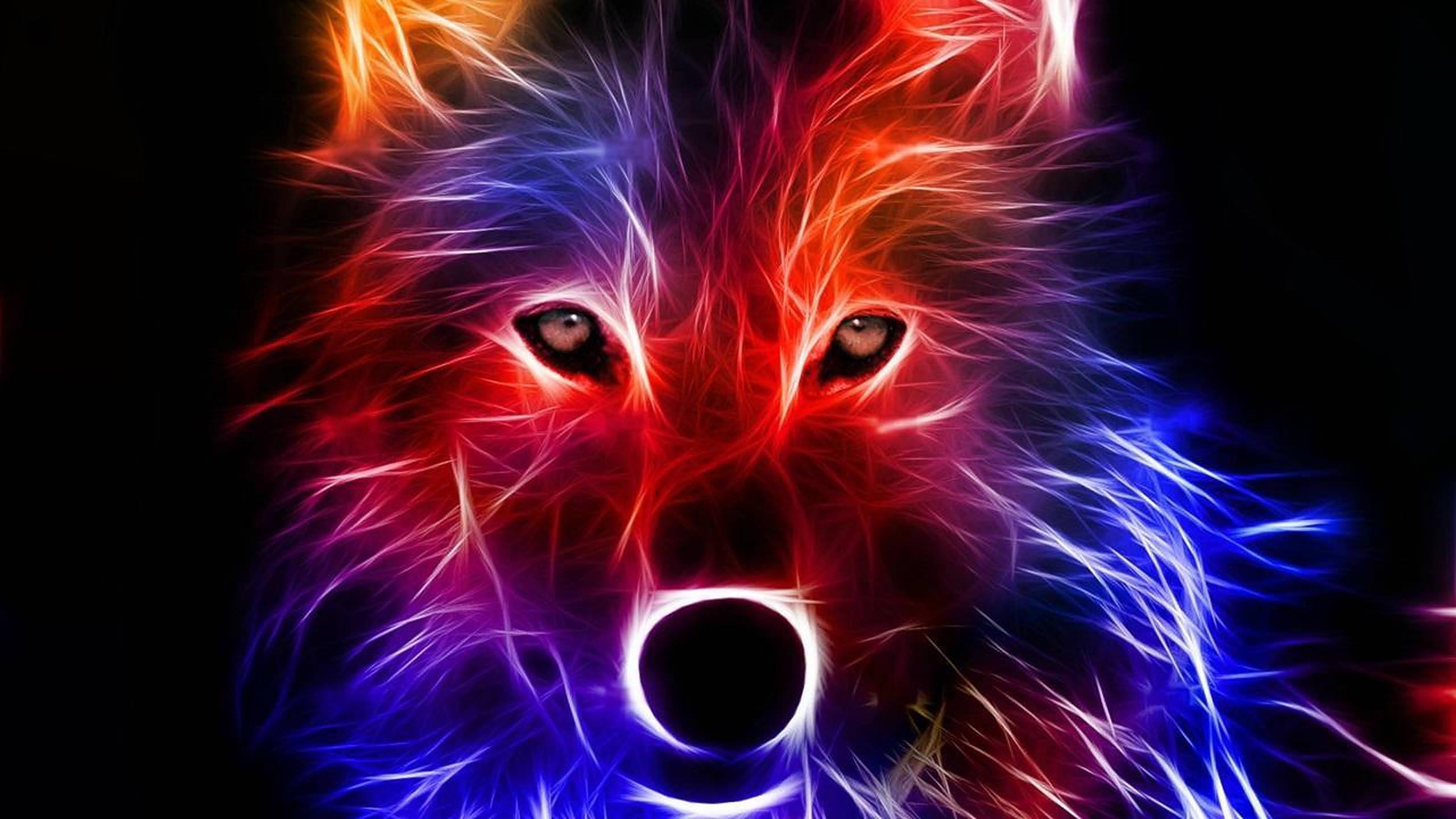 animals 桌布 壁紙 — 一個數位渲染的狼頭，帶有電光紅和藍色霓虹毛髮，背景為黑色。