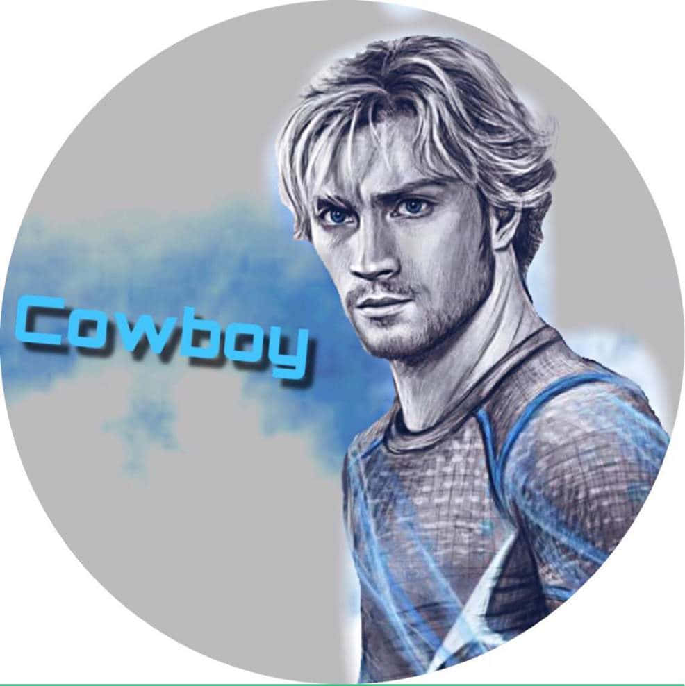Marvel Profile 桌布 壁紙 — 一個數位渲染的男性肖像，頭髮蓬亂，眼神銳利，背景是柔和的藍色和灰色圓形，並帶有cowboy一詞。