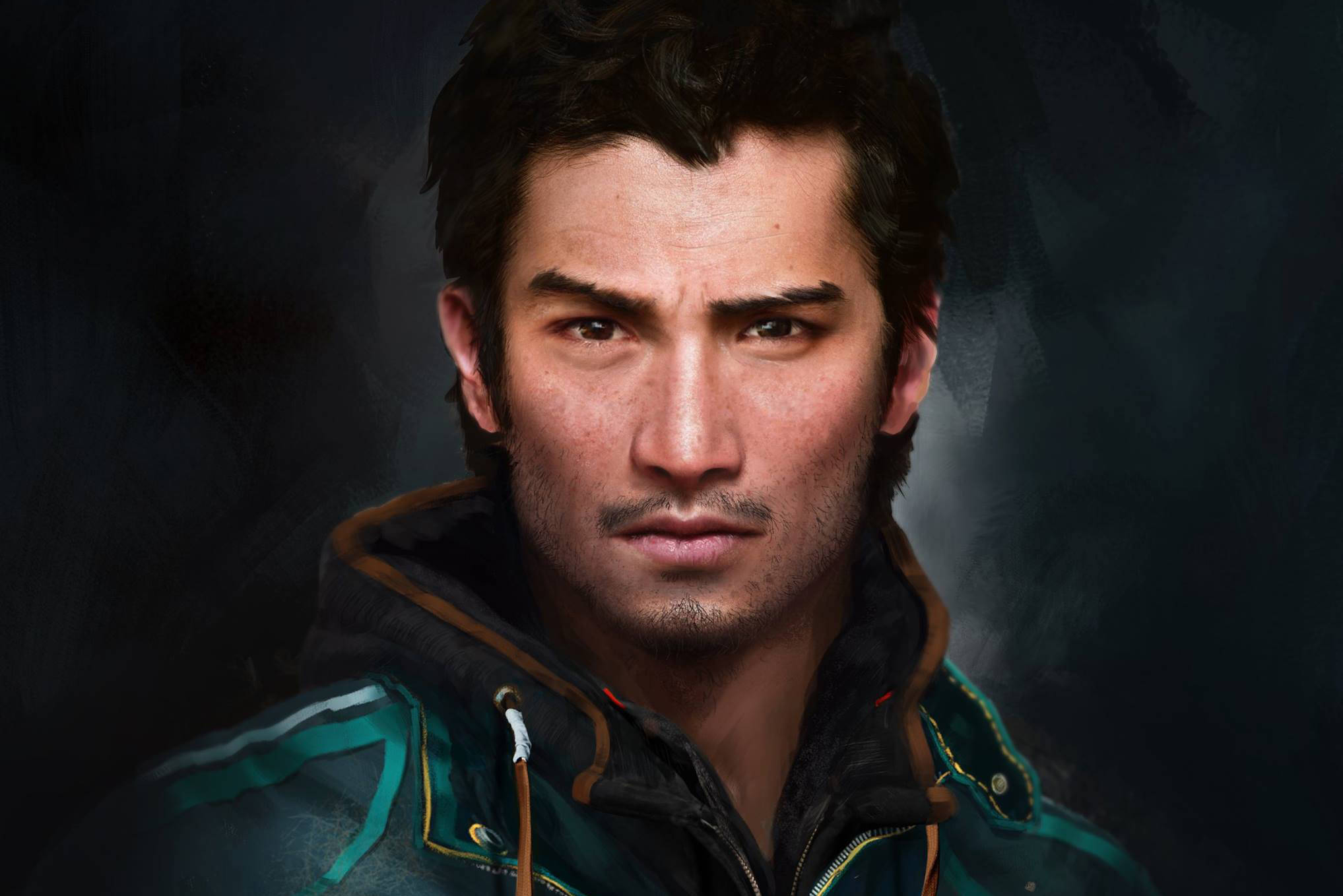 Far Cry 4 桌布 壁紙 — 一個數位渲染的肖像，一個嚴肅的男人，深色頭髮和鬍渣，穿著青綠色和黑色外套，背景是深色有紋理的。