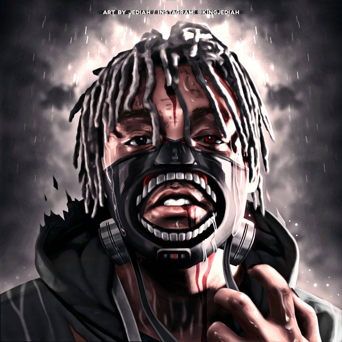 一個有辮子頭和防毒面具的男人在暴風雨中尖叫，帶著血。 — Juice Wrld 壁紙