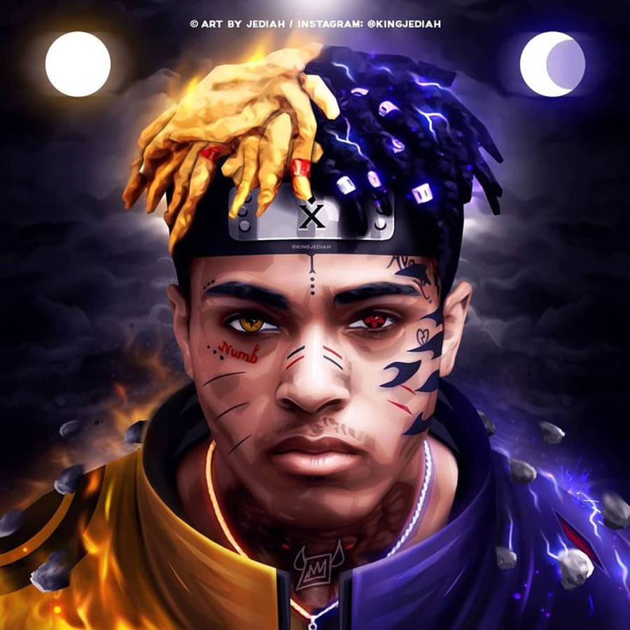 酷酷的xxxtentacion 桌布 壁紙 — 一個數位渲染的肖像，一個男人半邊頭被火焰吞噬，另一半被閃電包圍，戴著帶有X標誌的頭帶，背景是雙月天空。