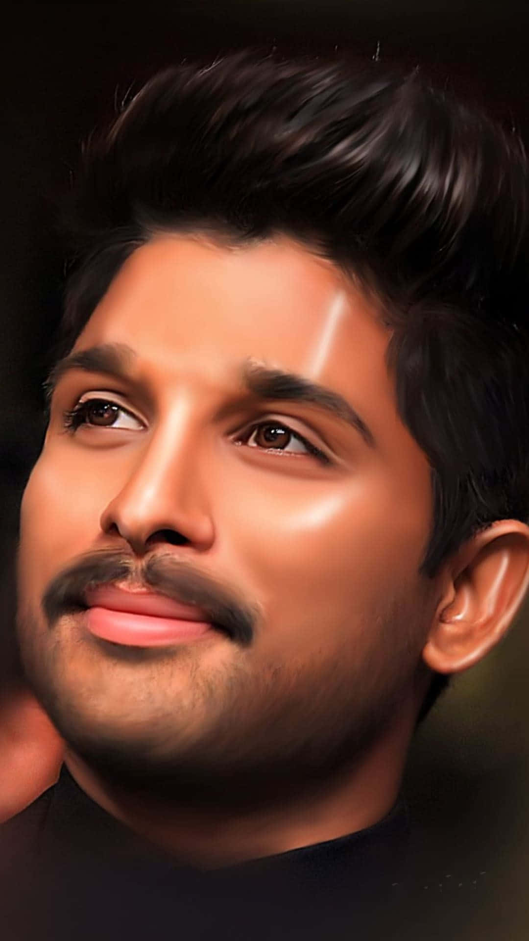 Allu Arjun 桌布 壁紙 — 一個數位渲染的肖像，描繪一位深色頭髮和鬍鬚的男子，帶著溫柔的微笑向上凝視。