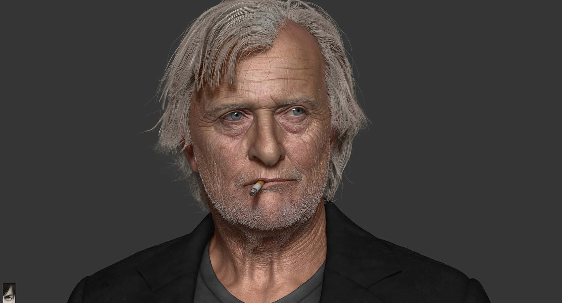 actor 桌布 壁紙 — 一個數位渲染的肖像，描繪一位灰白頭髮的老年男性，嘴裡叼著香煙，背景為深灰色。