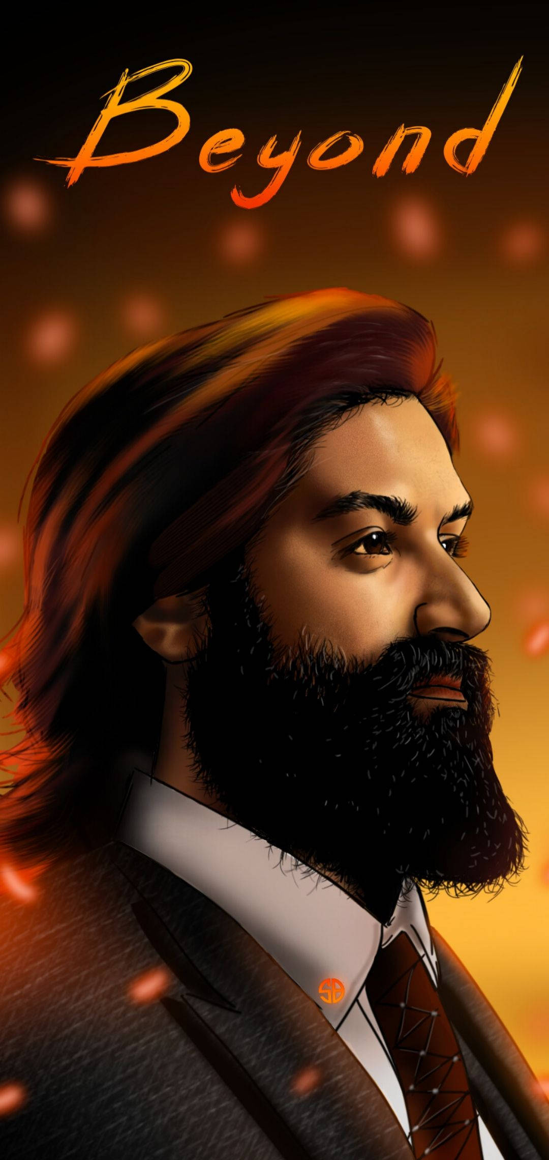Indian 桌布 壁紙 — 一個數位渲染的肖像，描繪一位留鬍鬚、身穿西裝的男士，帶有熾熱的橙色燈光和漂浮的粒子。