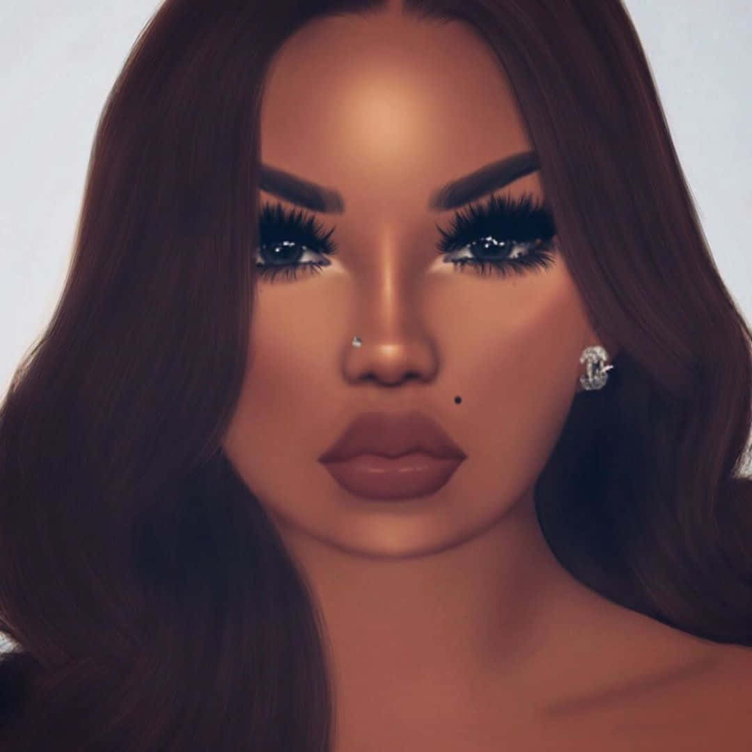 imvu 桌布 壁紙 — 一個數位渲染的肖像，描繪一位長髮棕眼、妝容出眾的女性，背景簡潔。