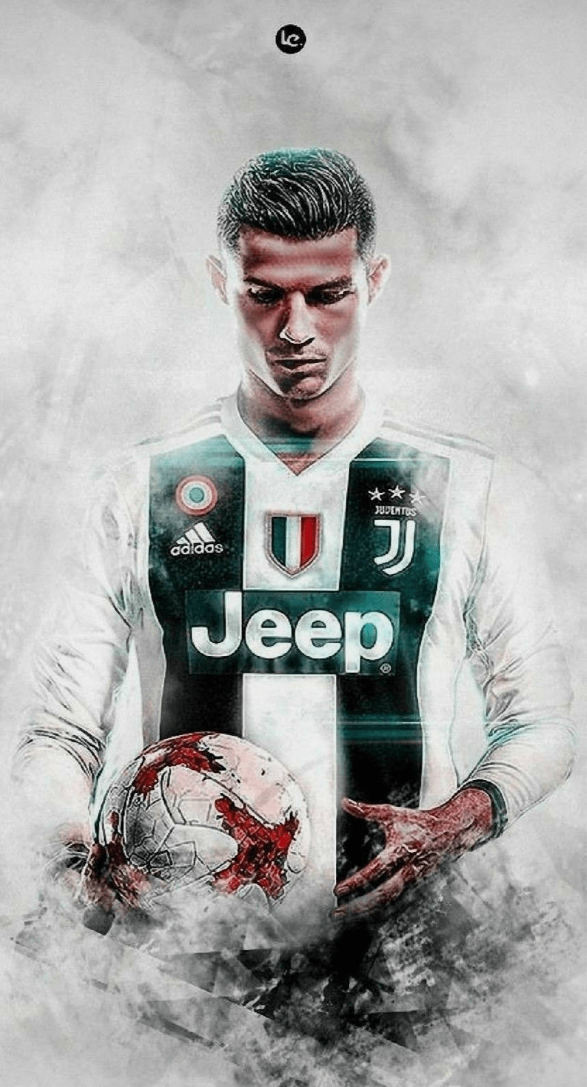 Ronaldo 桌布 壁紙 — 一個數位渲染的足球員穿著尤文圖斯球衣，在煙霧灰色背景上拿著一個血淋淋的球。