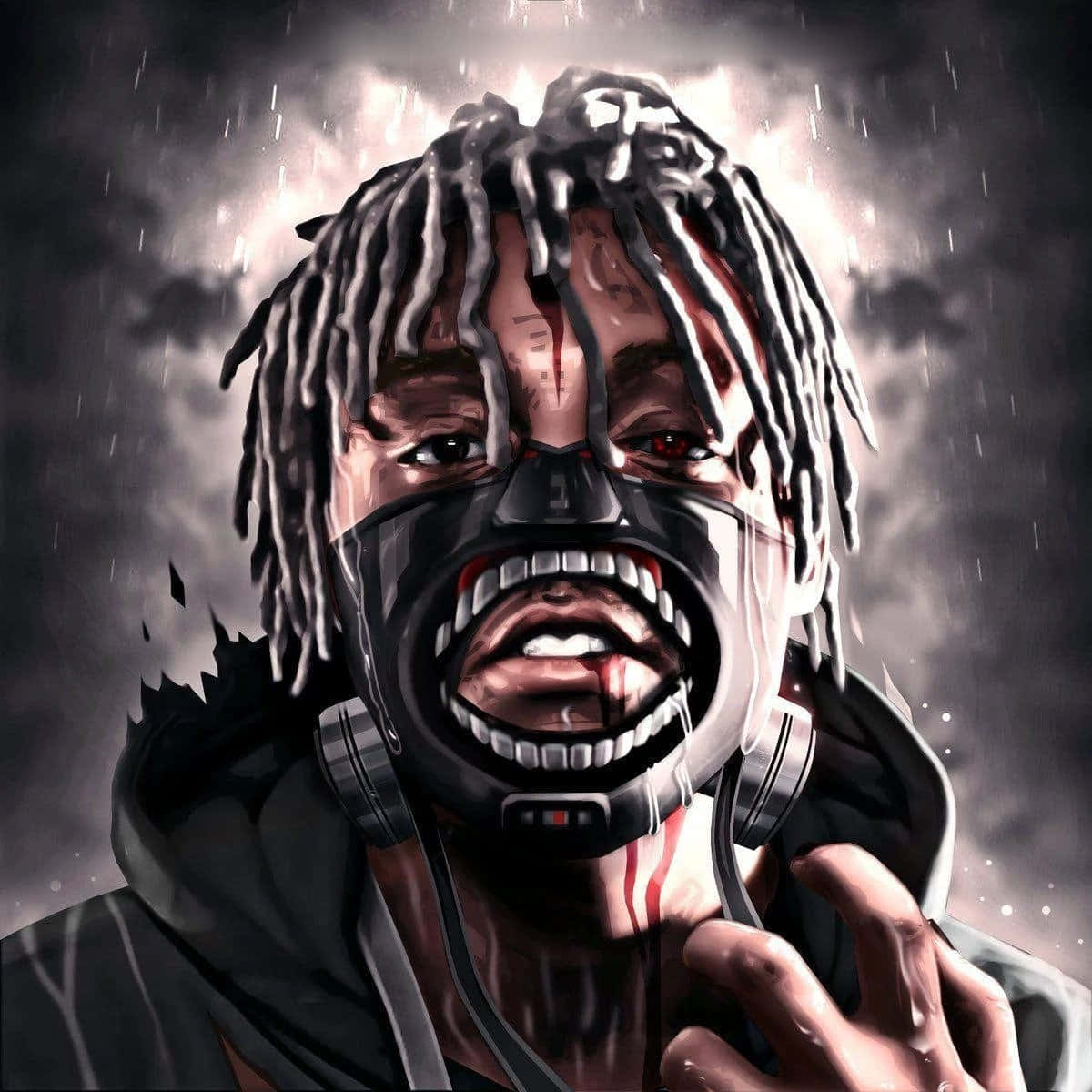 一名留著辮子、戴著防毒面具的男子在暴風雨中尖叫，血滴落下。 — Juice Wrld 壁紙