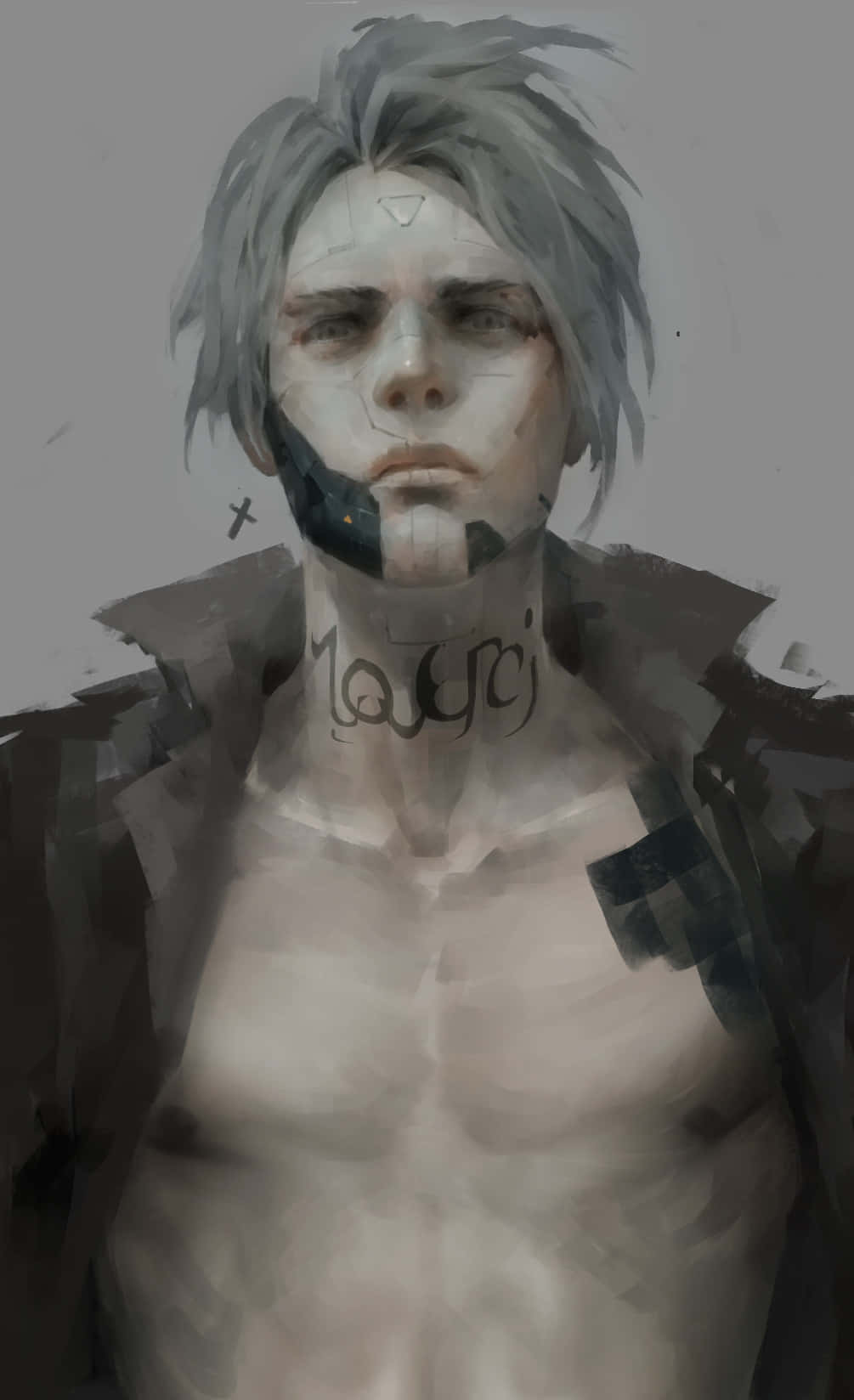 Hideo Kuze 桌布 壁紙 — 一個數位繪製的肖像，描繪一名赤裸上身的灰髮男子，頸部和臉部有刺青，背景為純灰色。