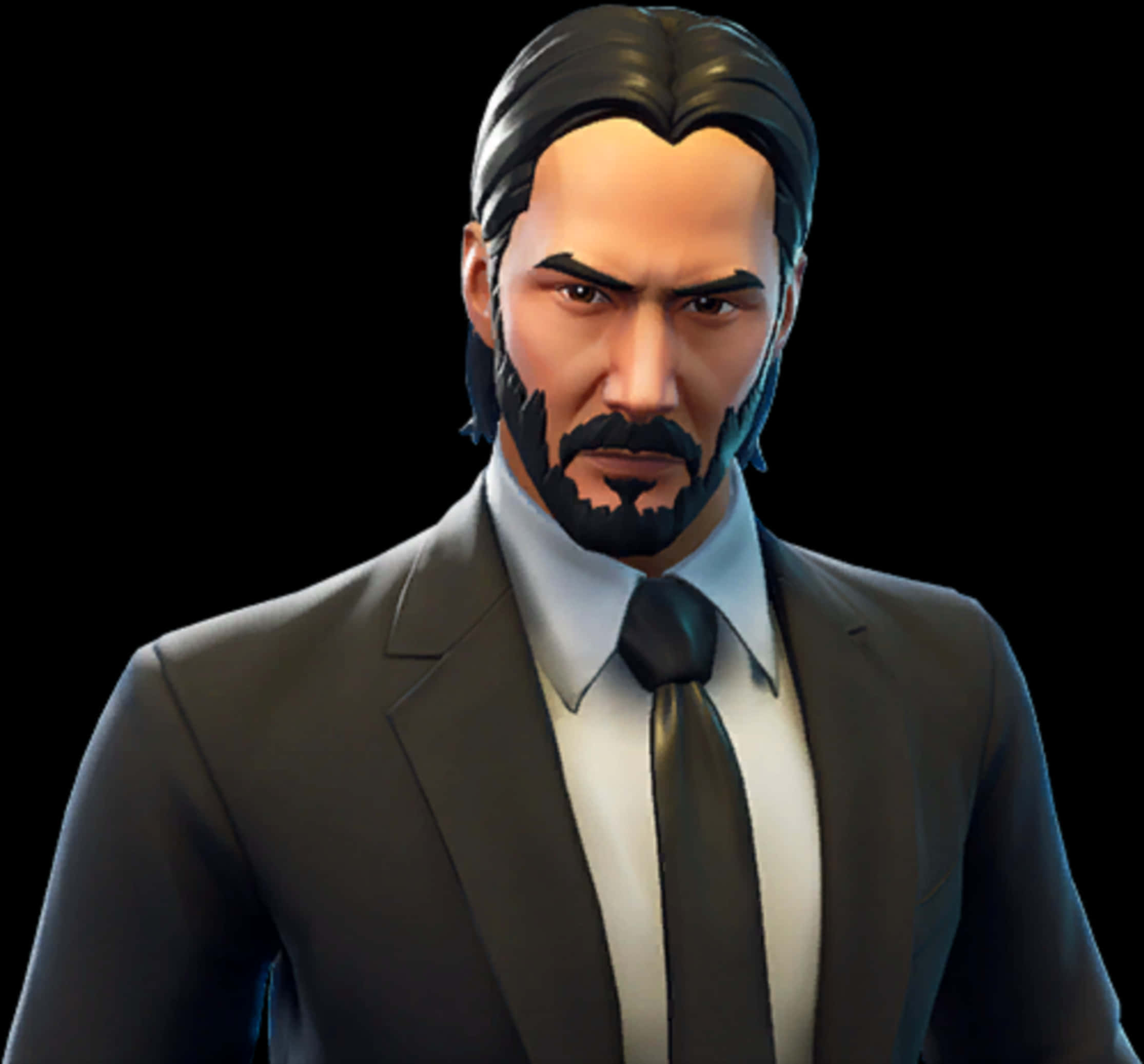 Fortnite Character 桌布 壁紙 — 一個數位肖像，一個男人梳著向後梳的頭髮和鬍鬚，穿著深色西裝，背景為黑色。