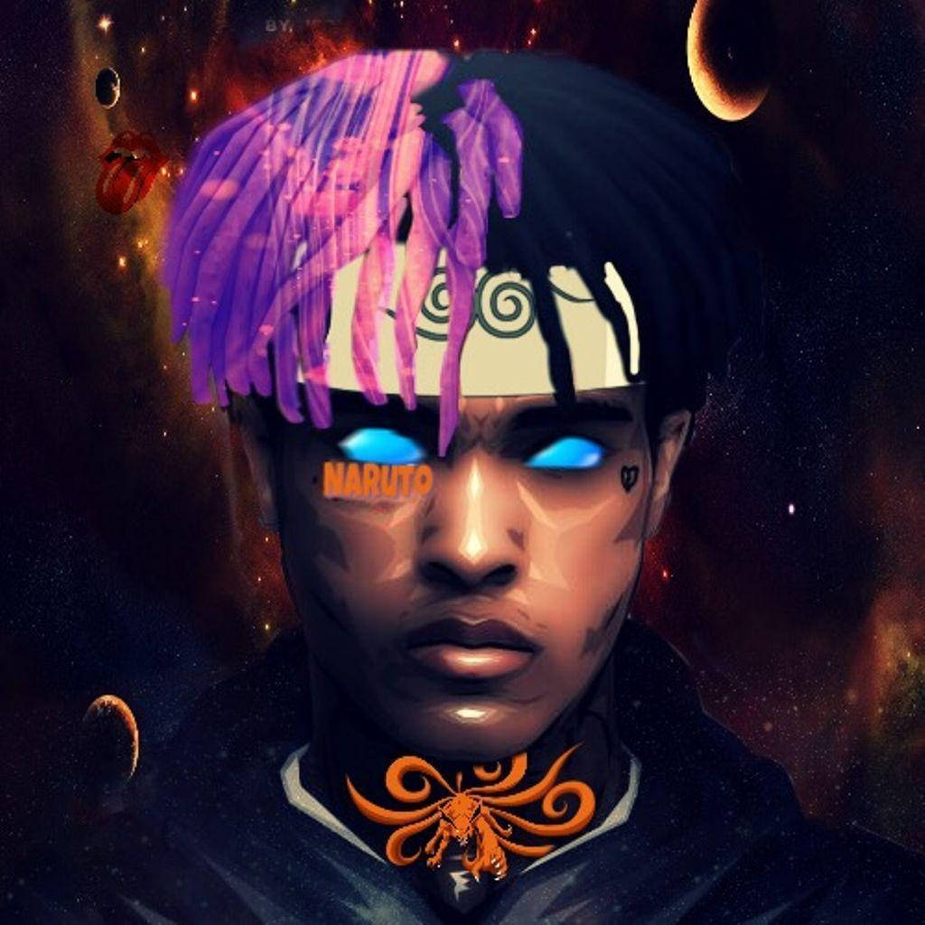 Xxxtentacion Cartoon 桌布 壁紙 — 一個數位肖像，人物擁有發光的藍色眼睛和紫色頭髮，背景是宇宙，有行星和滾石樂隊標誌。