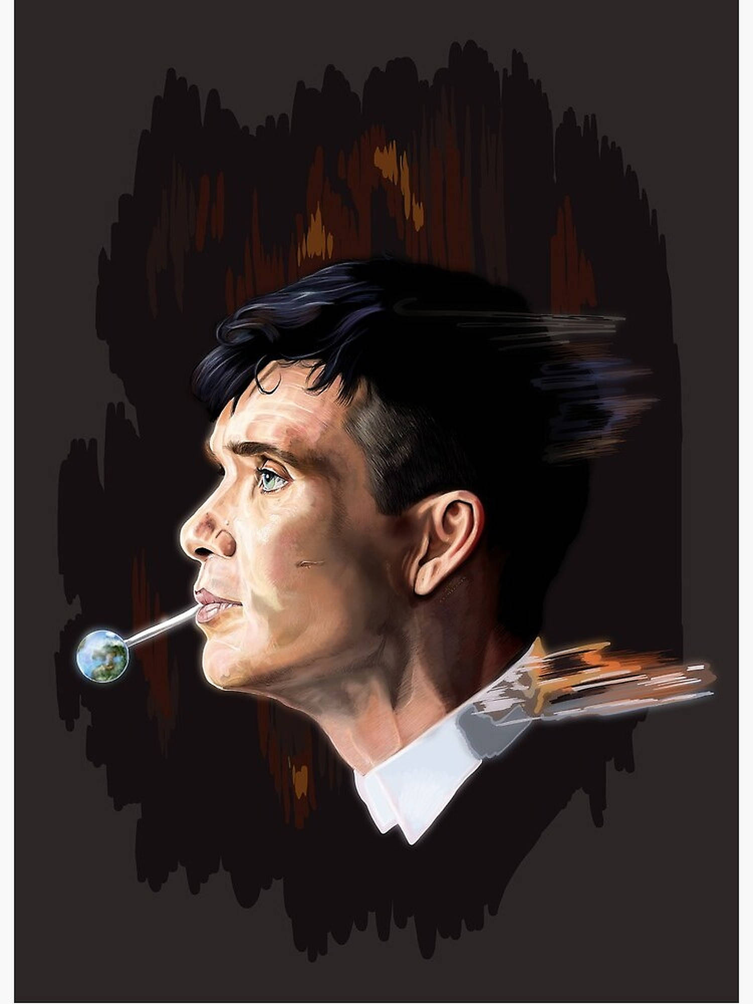席尼·墨菲 桌布 壁紙 — 一個數位肖像，側面男子吸煙，煙頭有地球儀，背景為深色有紋理。