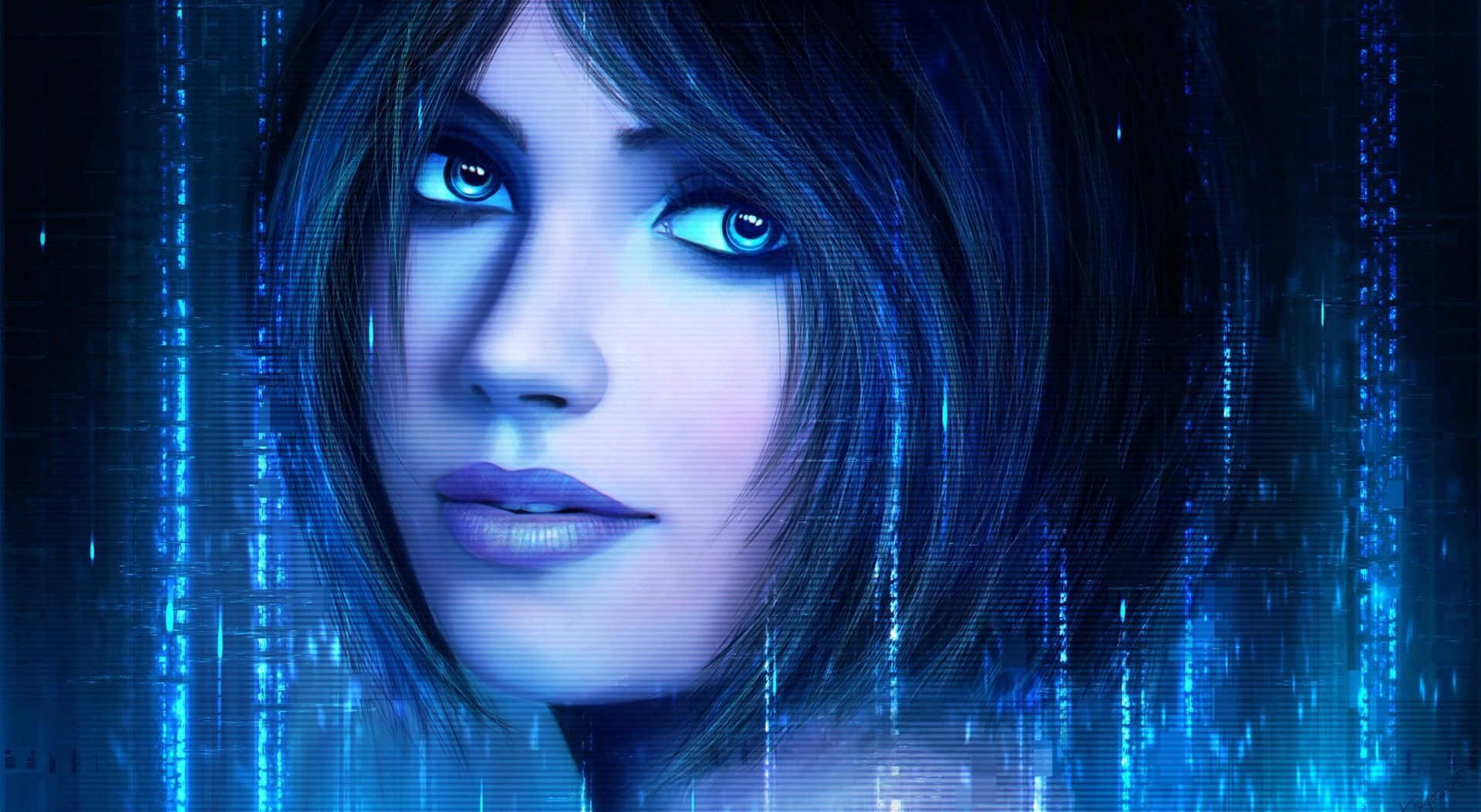 Halo Cortana 桌布 壁紙 — 一個數位肖像，描繪一位擁有發光藍眼睛的女性，被層疊的藍色數據流包圍，呈現賽博龐克美學。