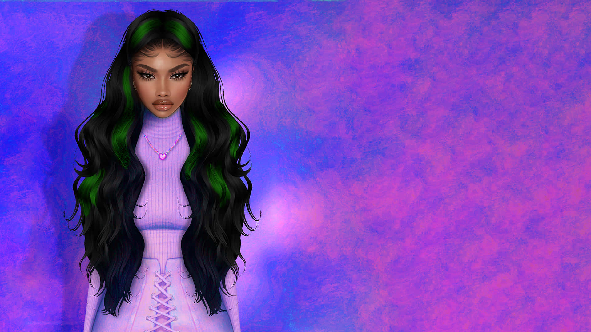 imvu 桌布 壁紙 — 一個數位肖像，描繪一位擁有長長黑髮、髮尾帶有螢光綠色的女性，背景是充滿活力的紫色和藍色漸層。