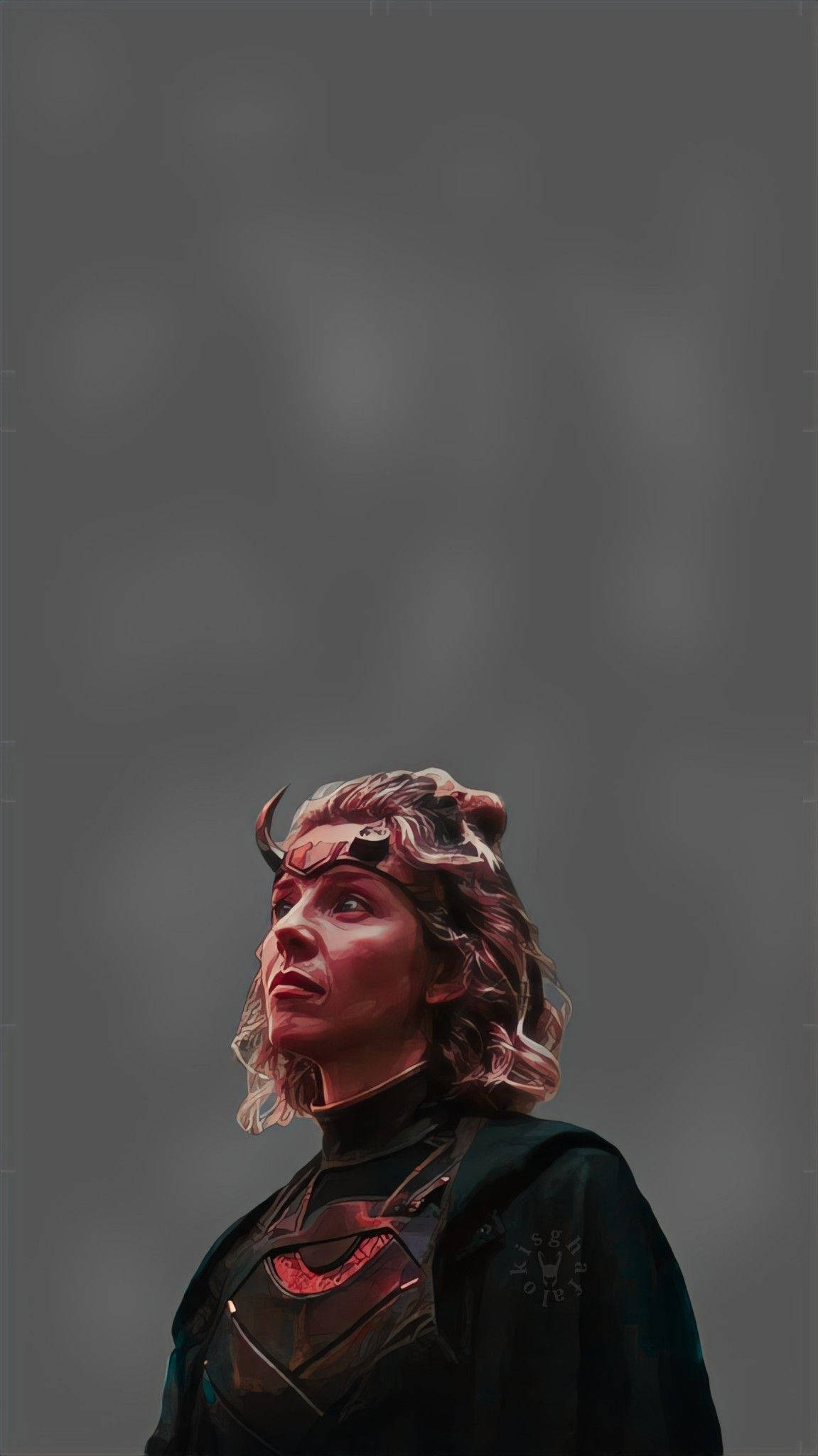 Sylvie 桌布 壁紙 — 一個數位肖像，描繪一位頭上有角、額頭有紅色標記的女性，在柔和的灰色背景上向上凝視。