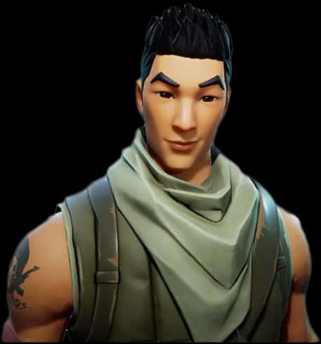 Fortnite Default Skin 桌布 壁紙 — 一個數位肖像，描繪一個肌肉發達的男性角色，深色頭髮，戴著綠色圍巾，背景為黑色。