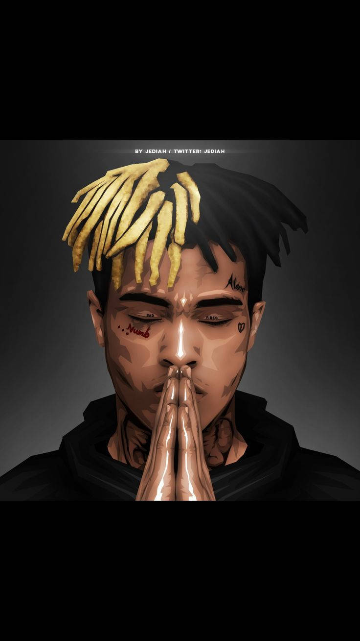 XXXTENTACION 桌布 壁紙 — 一個數位肖像，描繪一名擁有金色薯條頭髮和刺青的男子，在深灰色背景前合十祈禱。