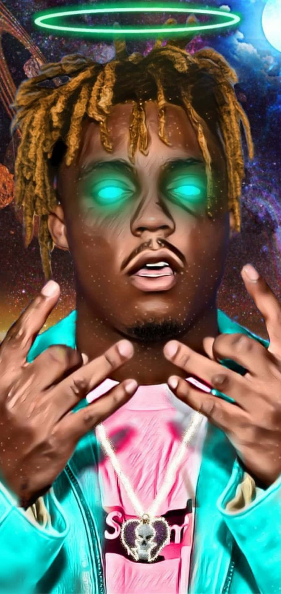 在宇宙環境中，擁有發光綠色眼睛和光環的男子。 — Juice Wrld 壁紙