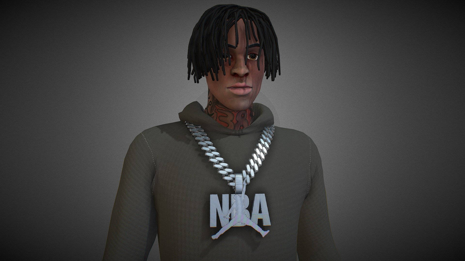 NBA YoungBoy 桌布 壁紙 — 一個數位肖像，描繪一名留著辮子頭和刺青的男子，身穿灰色連帽上衣，戴著一條帶有大型NBA Jordan標誌吊墜的項鍊。