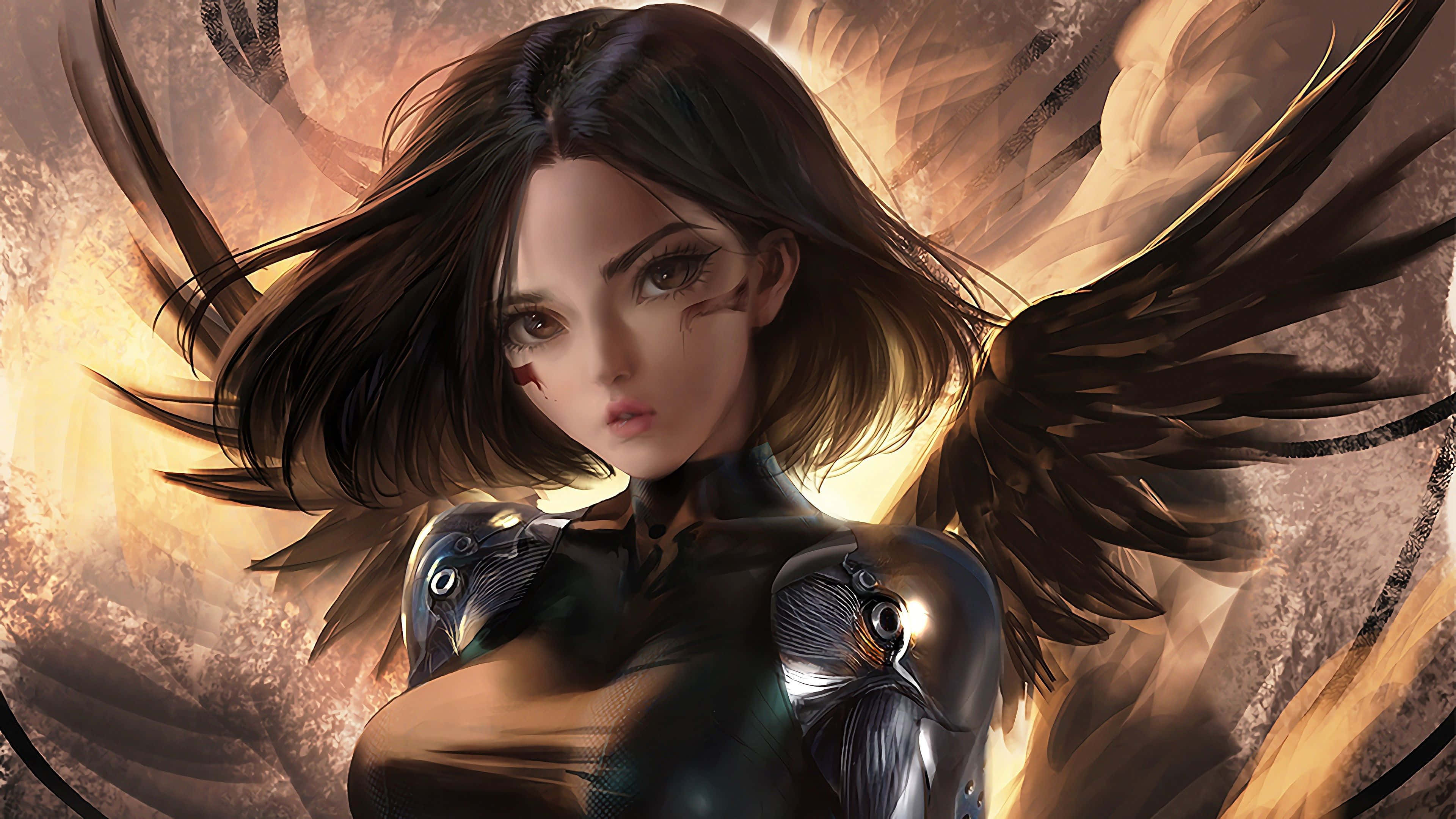 Alita Battle Angel 桌布 壁紙 — 一個數位藝術動漫女孩，擁有暗色翅膀和機械鳥肩甲，在旋轉的金棕色背景下凝視著。