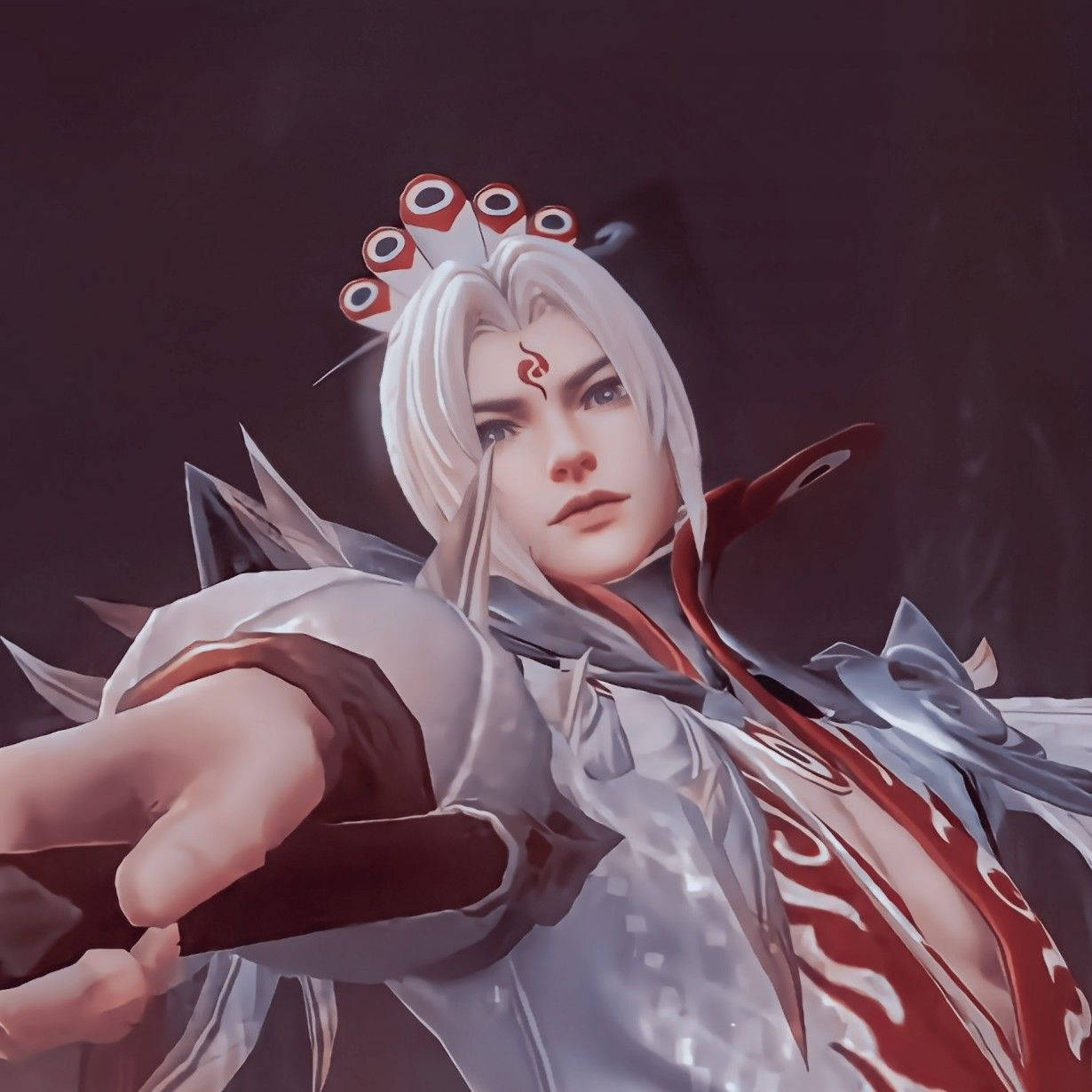Mobile Legends 動態圖 桌布 壁紙 — 一個數位藝術動漫角色，白色頭髮和紅色標記，在黑暗背景下以戲劇性的姿勢向前指。