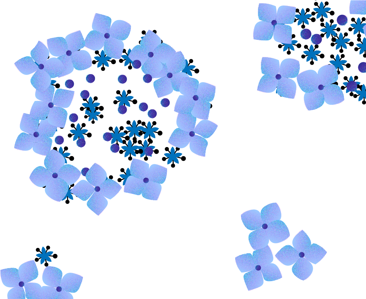 Hydrangea 桌布 壁紙 — 一個數位藝術圖案，黑色背景上散落著發光的藍色花朵和星星。
