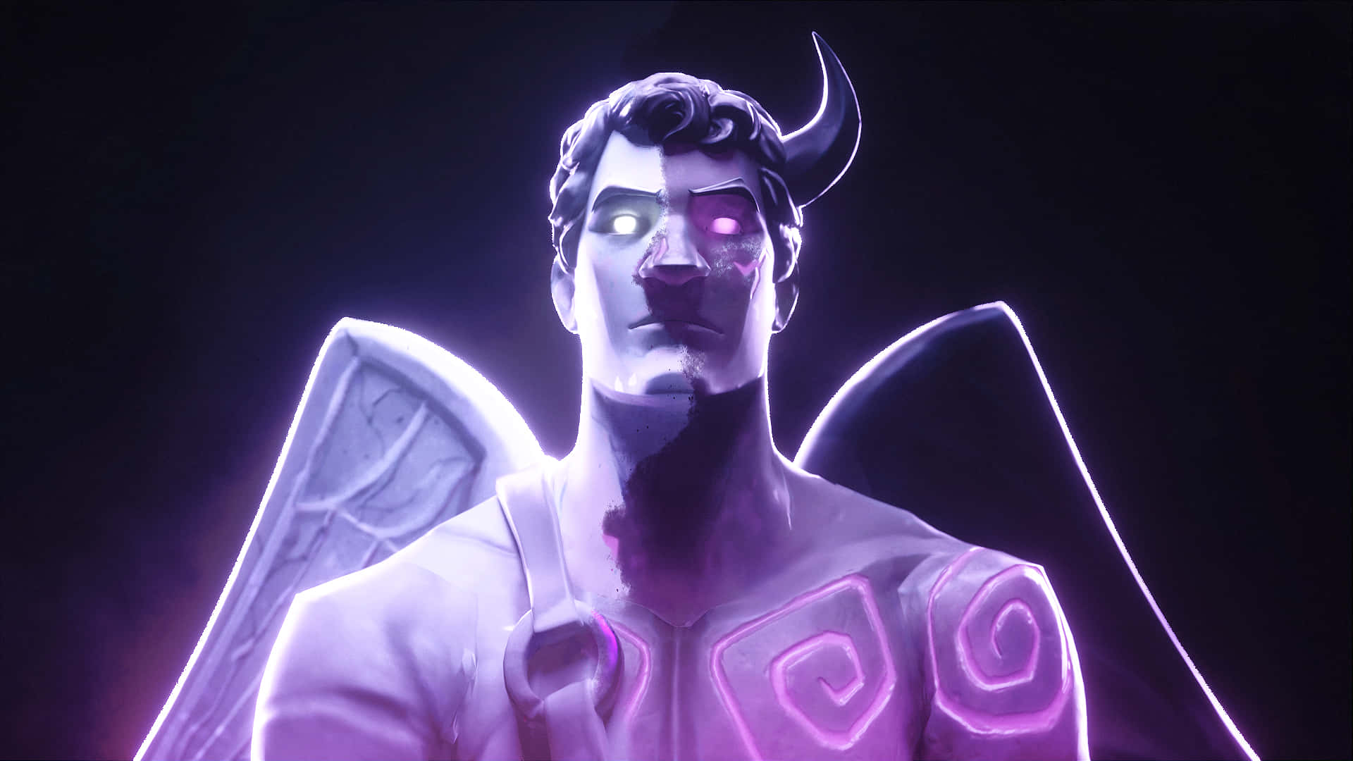 Dope Fortnite 桌布 壁紙 — 一個數位藝術天使，擁有惡魔般的角和發光的紫色眼睛，在黑暗中展開光芒四射的翅膀。