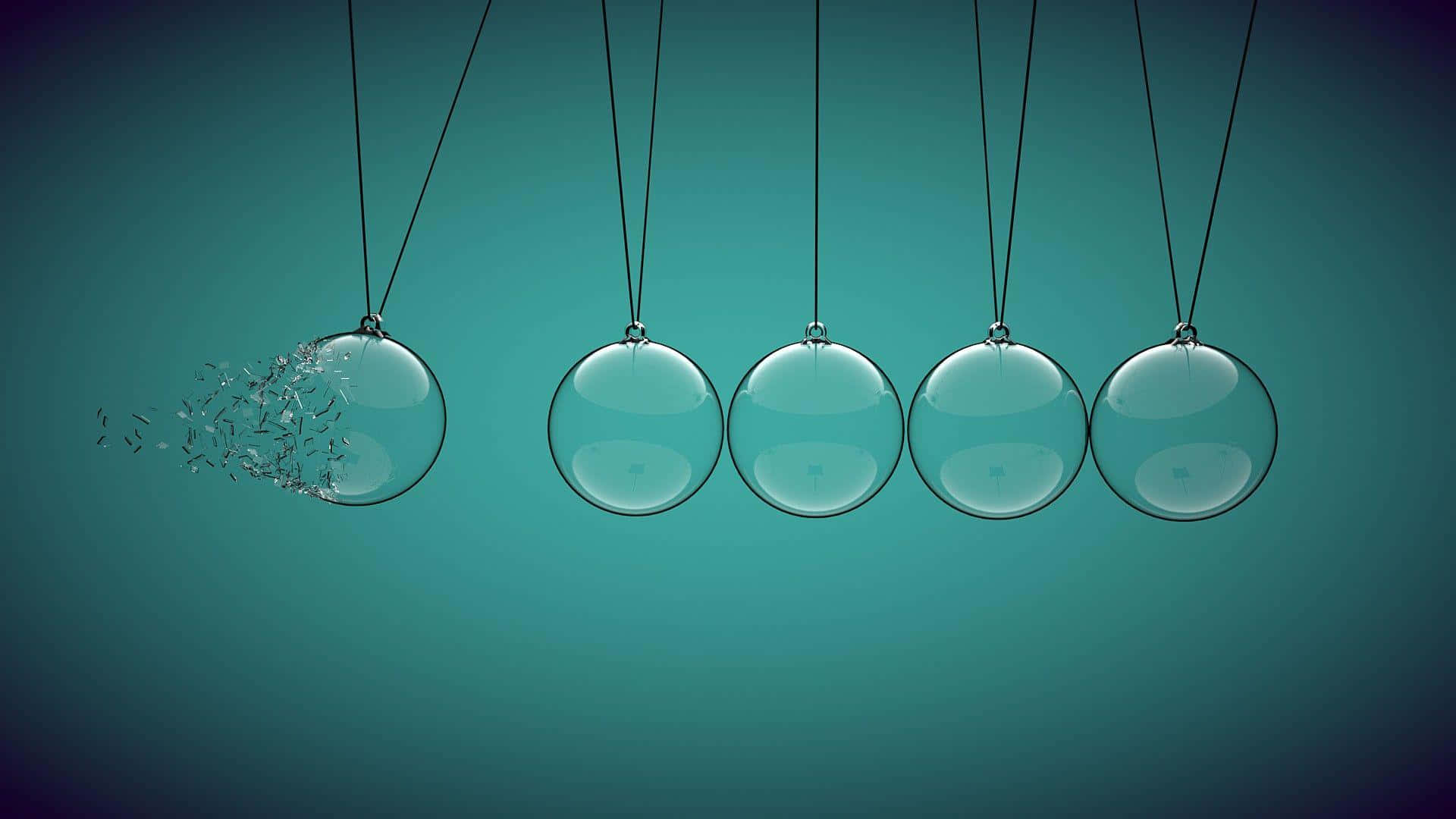 Physics 桌布 壁紙 — 一個數位藝術的牛頓搖籃，第一個玻璃球在青綠色漸變背景上碎裂成碎片。