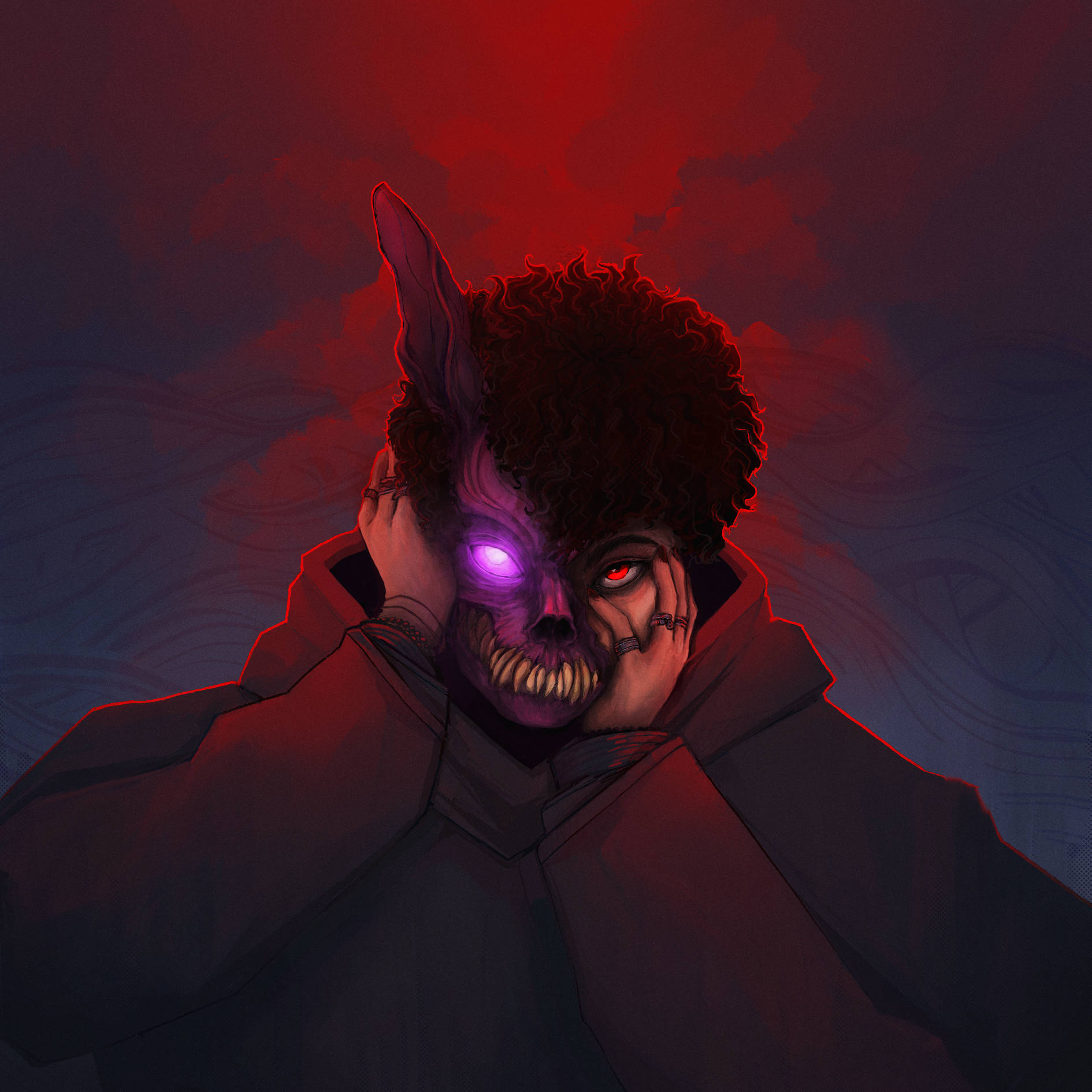 Corpse 桌布 壁紙 — 一個數位藝術肖像，人物半邊骷髏半邊人臉，眼睛發出紫色和紅色的光芒，在暗紅燈光下抱著頭。