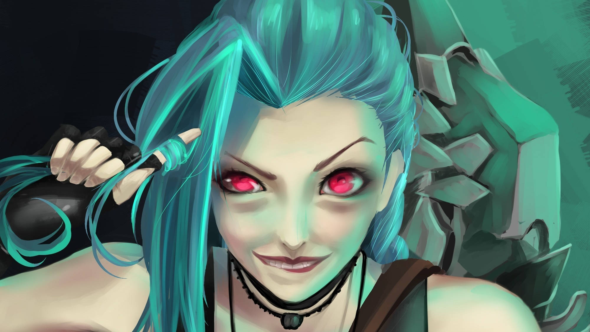 Jinx 桌布 壁紙 — 一個數位藝術肖像，描繪一位兇猛的動漫女孩，擁有發光的紅眼睛和綠松石色頭髮，手持武器。
