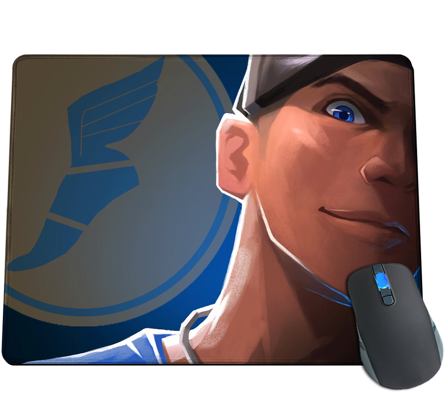 Tf2 桌布 壁紙 — 一個數位藝術肖像，描繪一位藍眼睛、戴帽子的年輕男子微笑著拿著發光滑鼠。