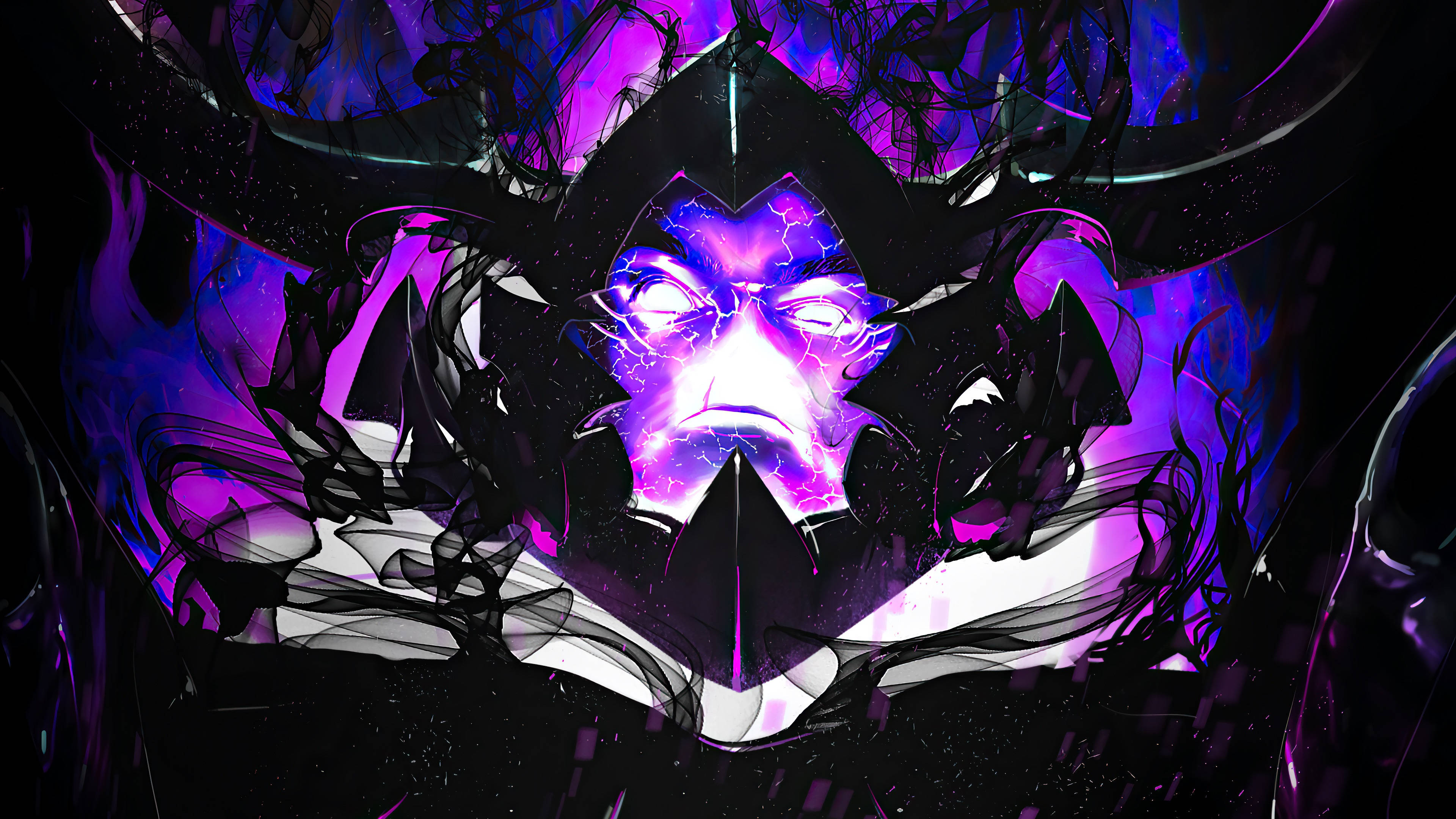 Jin 桌布 壁紙 — 一個數位藝術肖像，描繪一個帶有發光紫色眼睛和劈啪作響能量的威脅面孔，背景為深色抽象。