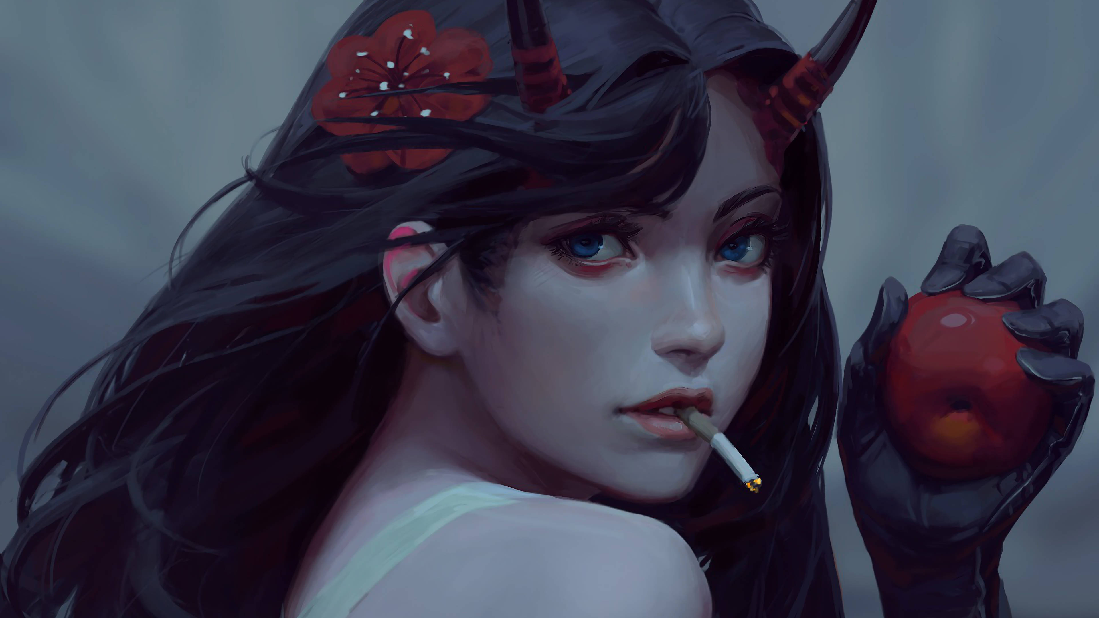 Smoking 桌布 壁紙 — 一個數位藝術肖像，描繪一個惡魔般的動漫女孩，有紅色角和櫻花髮夾，拿著一個紅蘋果和抽煙。