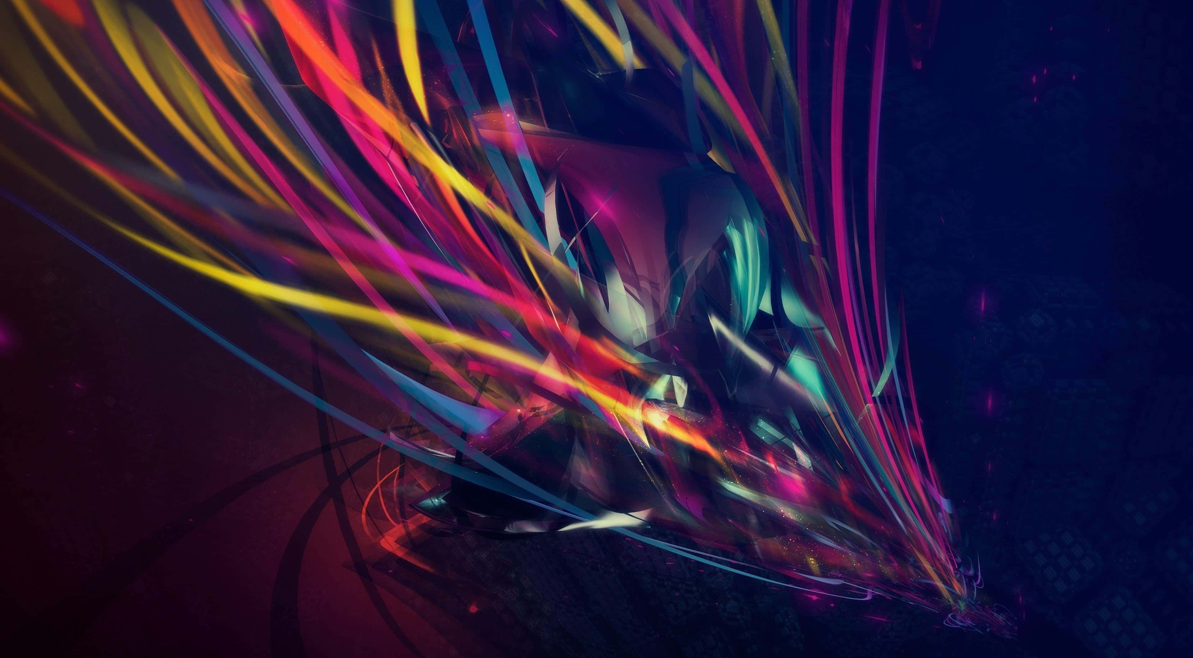 Colorful Aesthetic 桌布 壁紙 — 一個數位藝術龍頭從洋紅色、黃色和青色的旋轉霓虹條紋中浮現，背景是黑暗的宇宙。